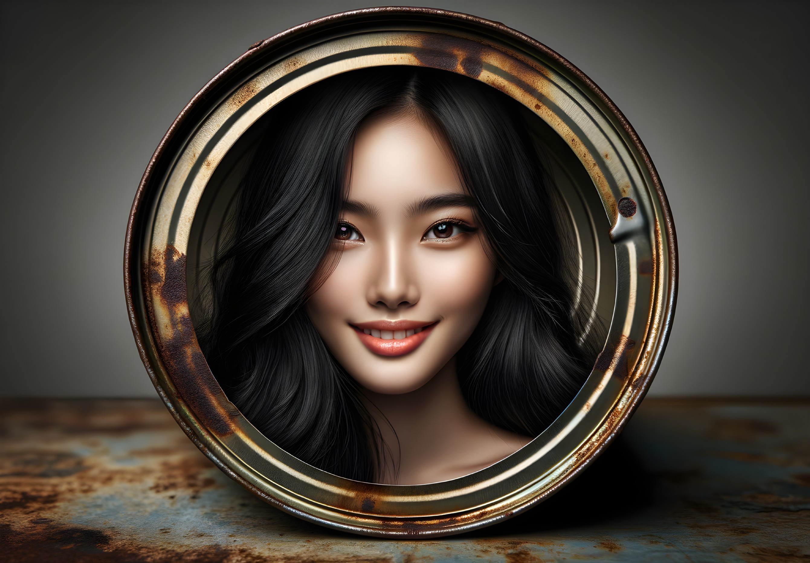 Smiling woman's face framed in circular rusty object
