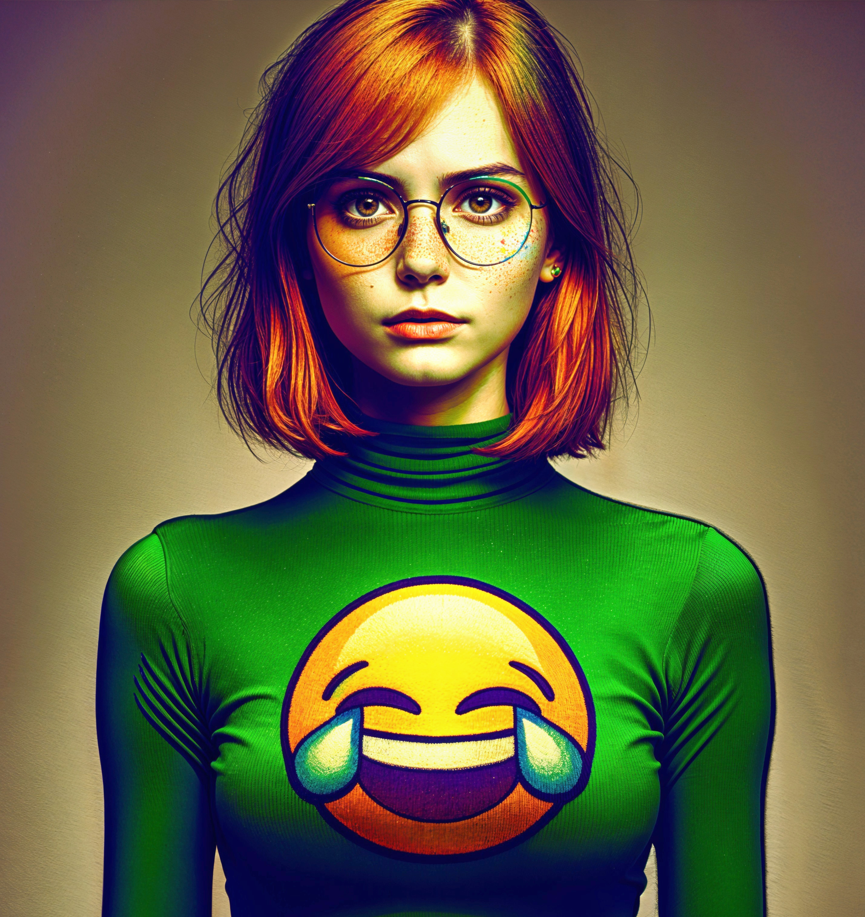 Girl with Orange Hair in Green Emoji Top