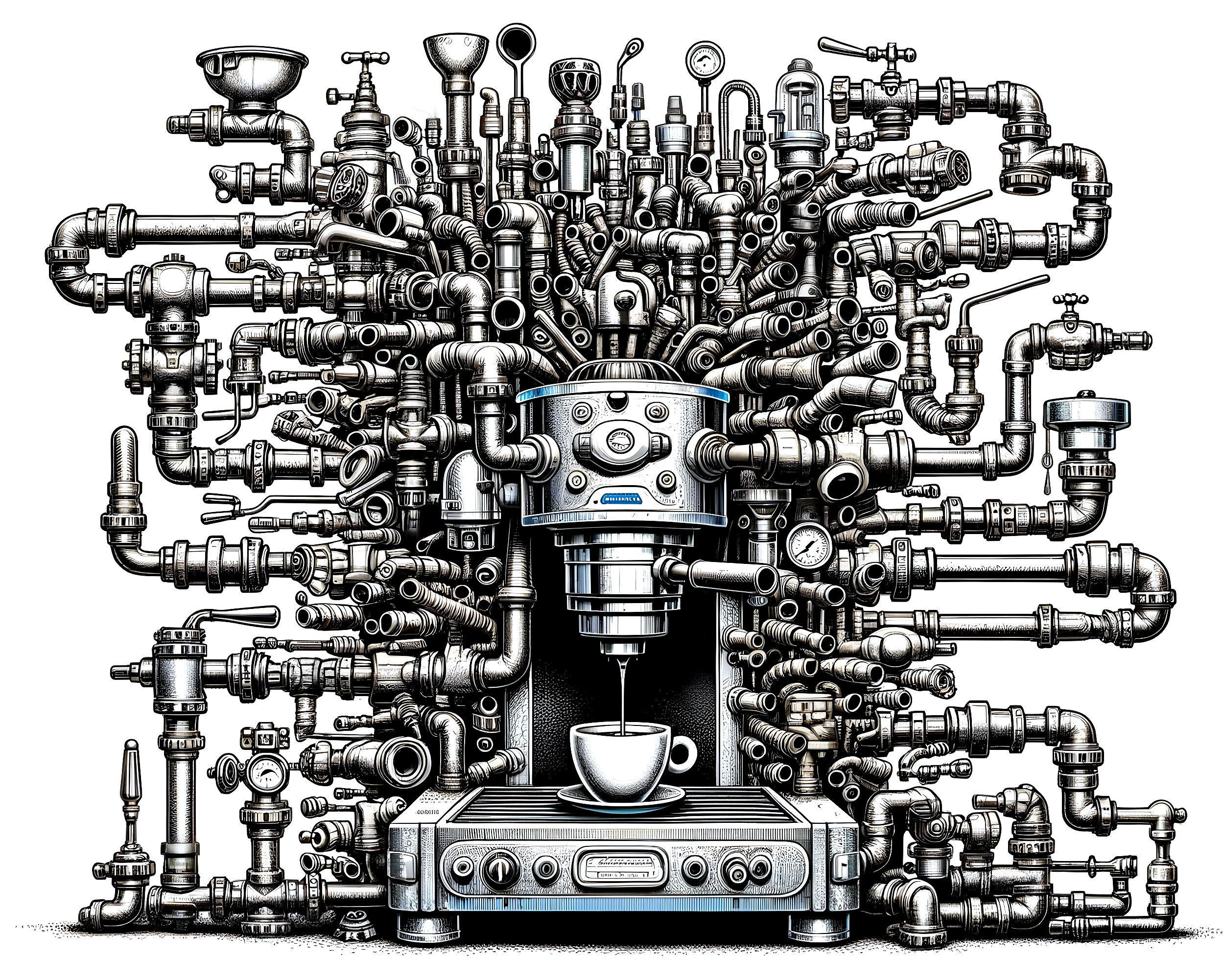 Surreal Coffee Machine with Metallic Pipes and Valves