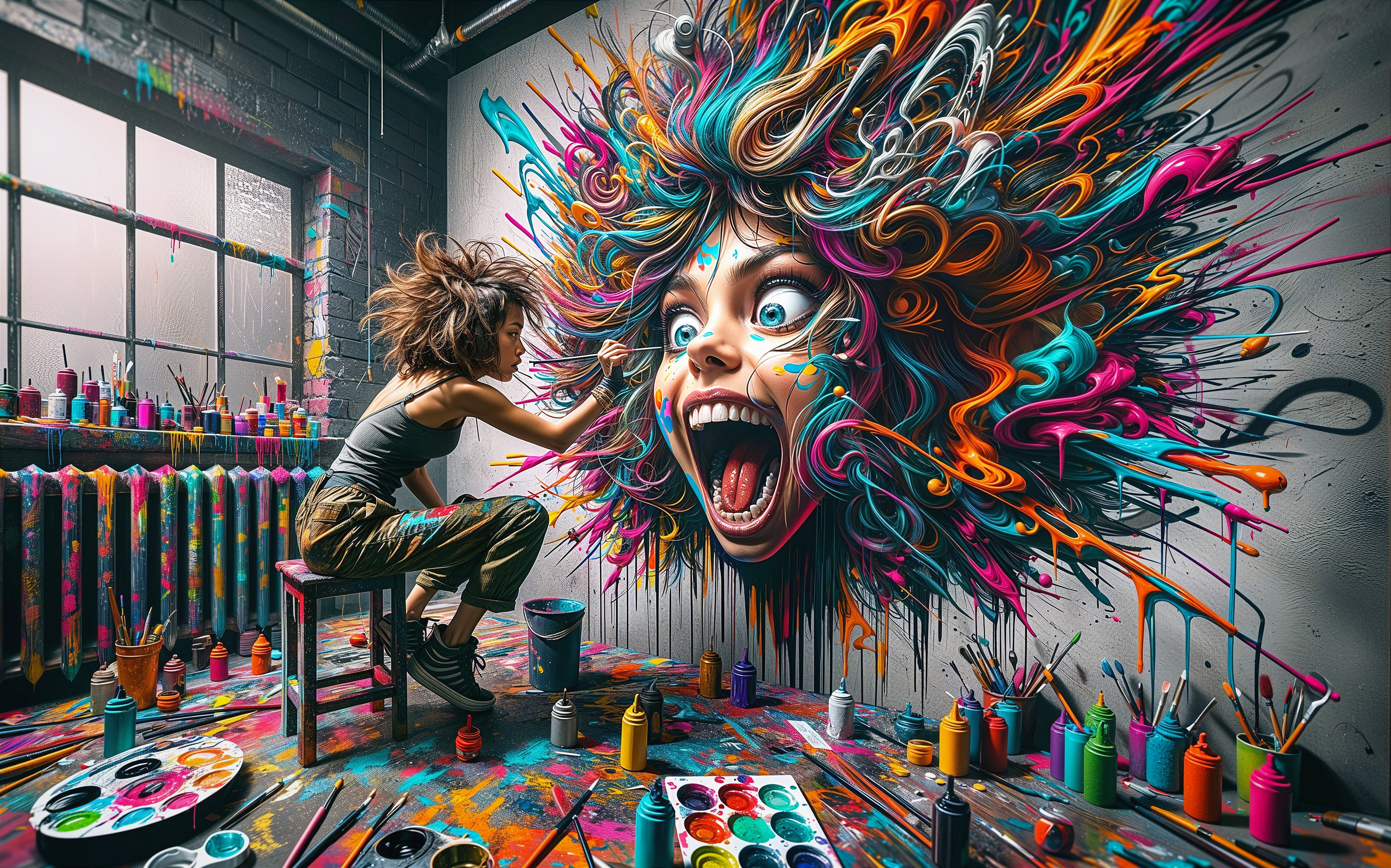 Vibrant Art Studio with Colorful Mural Creation