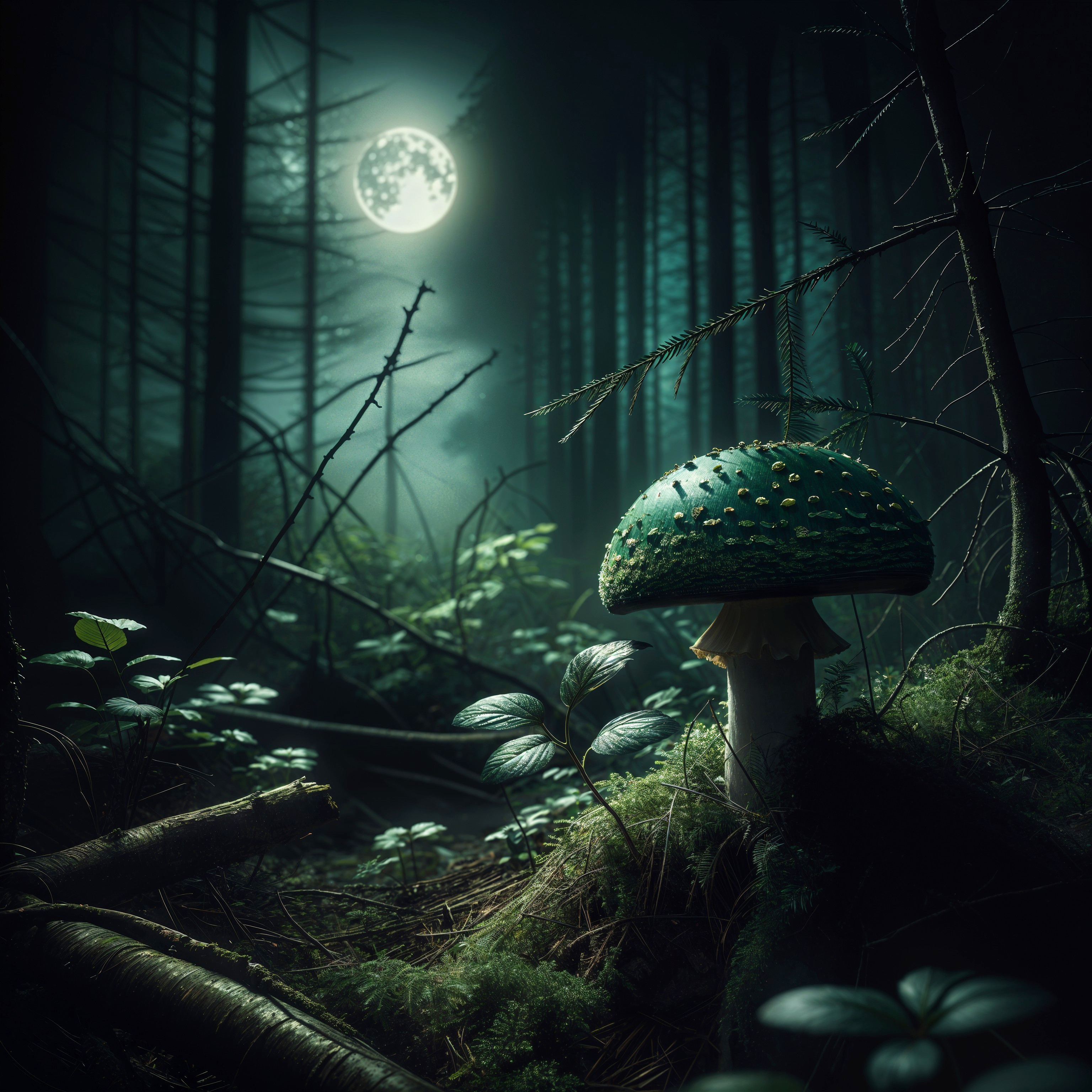 Mystical Forest with Glowing Green Mushroom at Night
