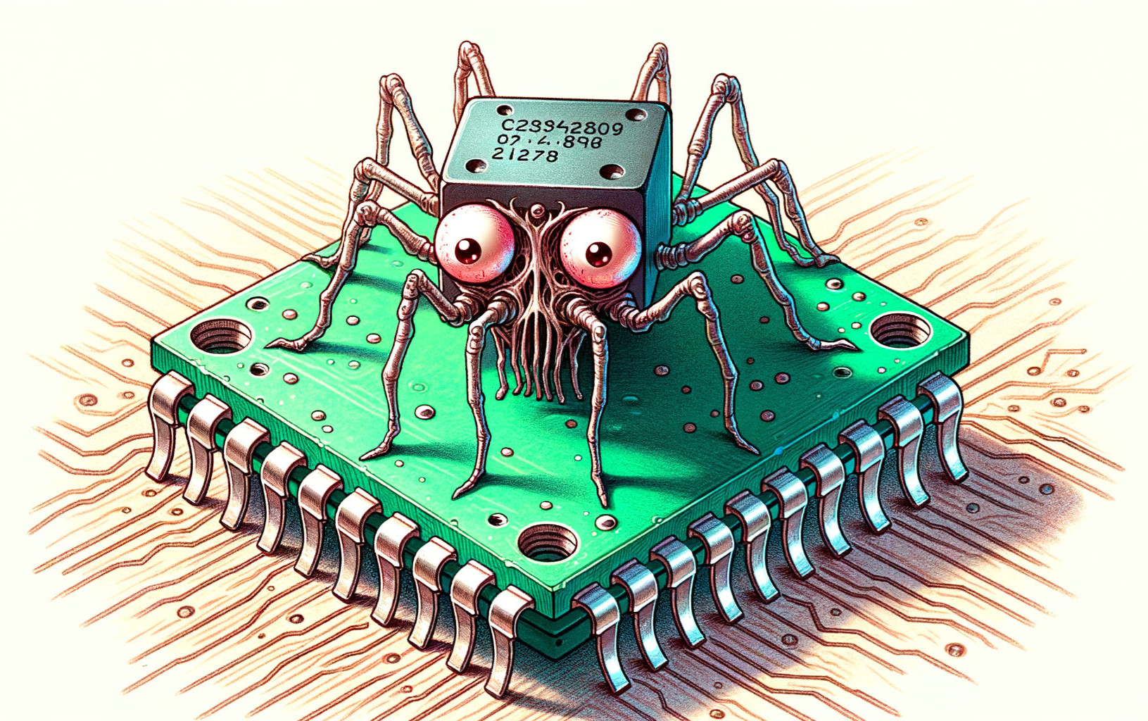 Whimsical Spider Creature on a Computer Chip