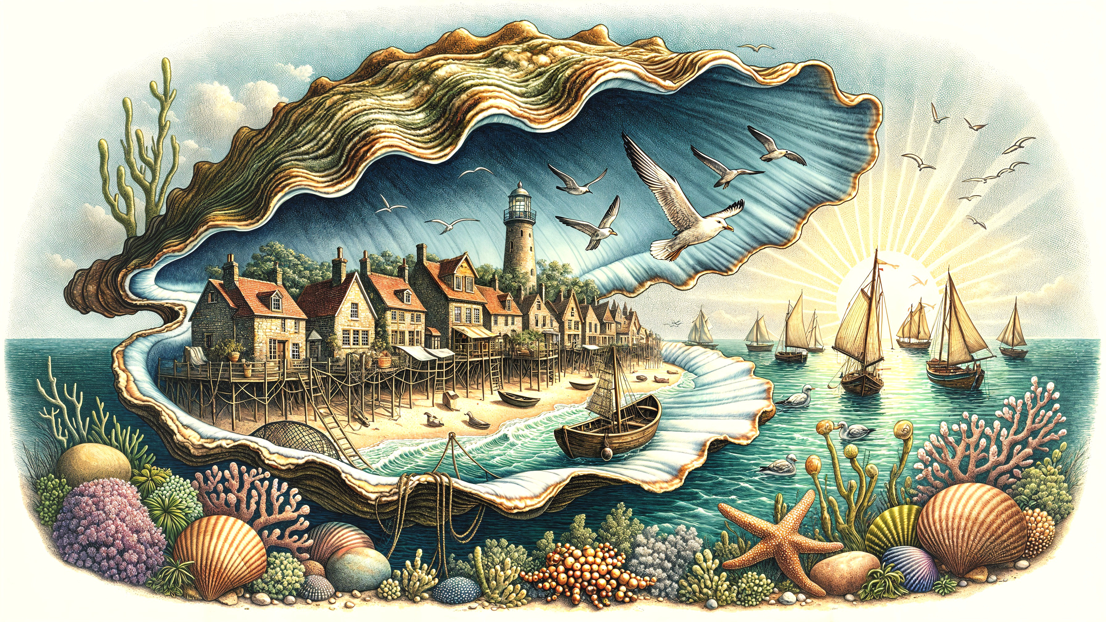 Coastal Village Inside a Giant Seashell Illustration