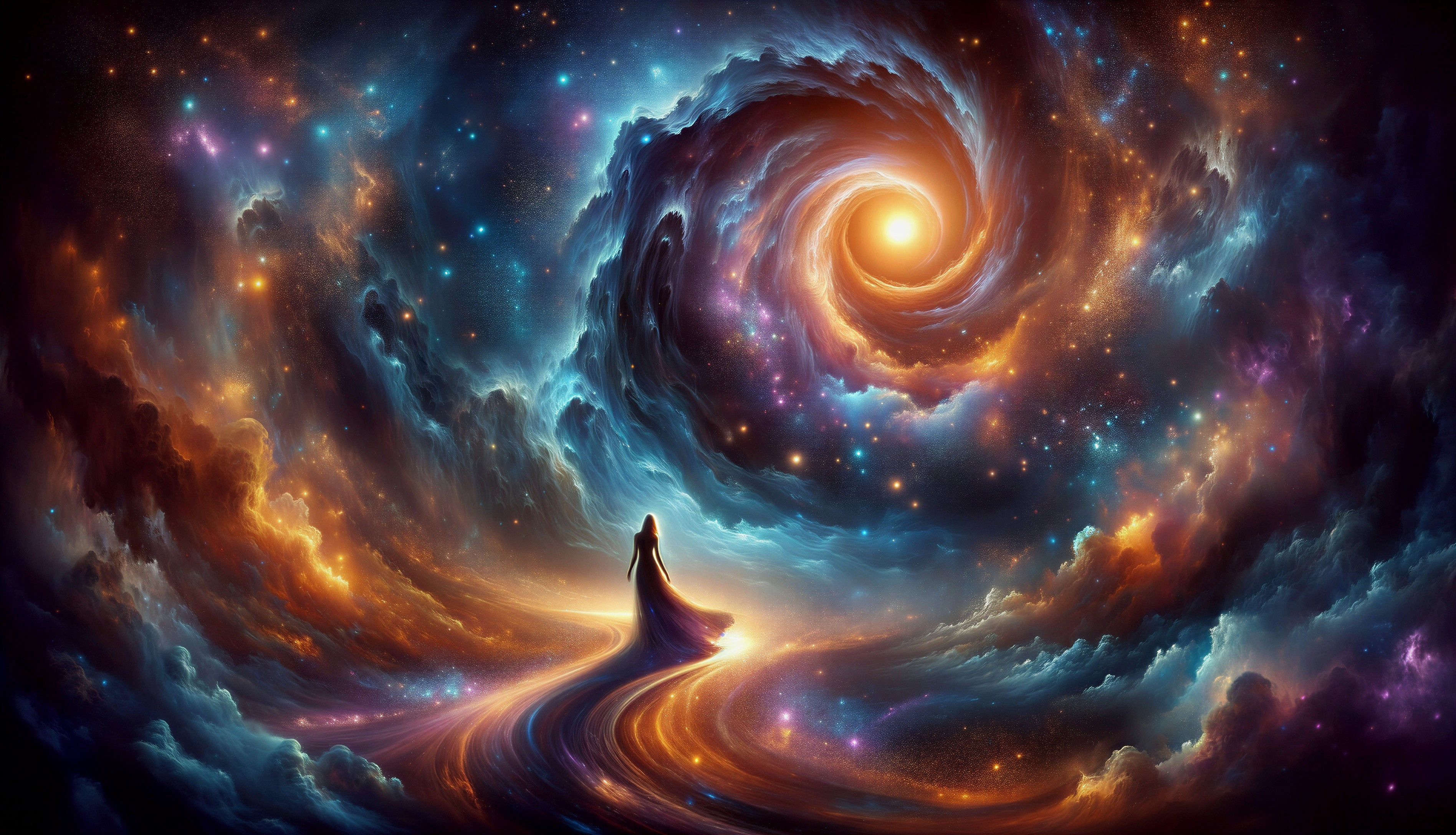 Swirling Galaxy and Mysterious Figure in Cosmic Scene