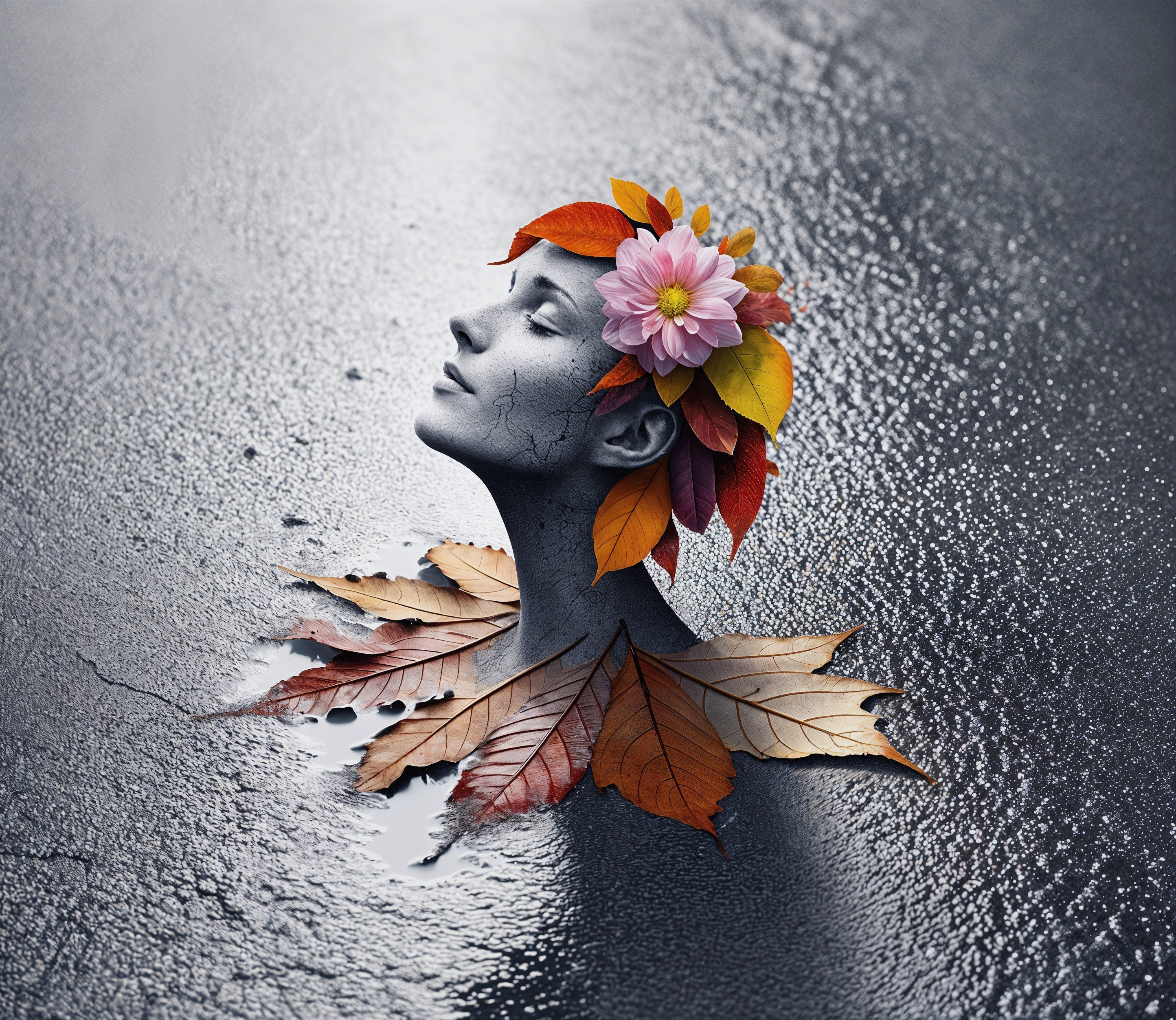 Surreal Monochrome Bust with Floral Crown and Leaves