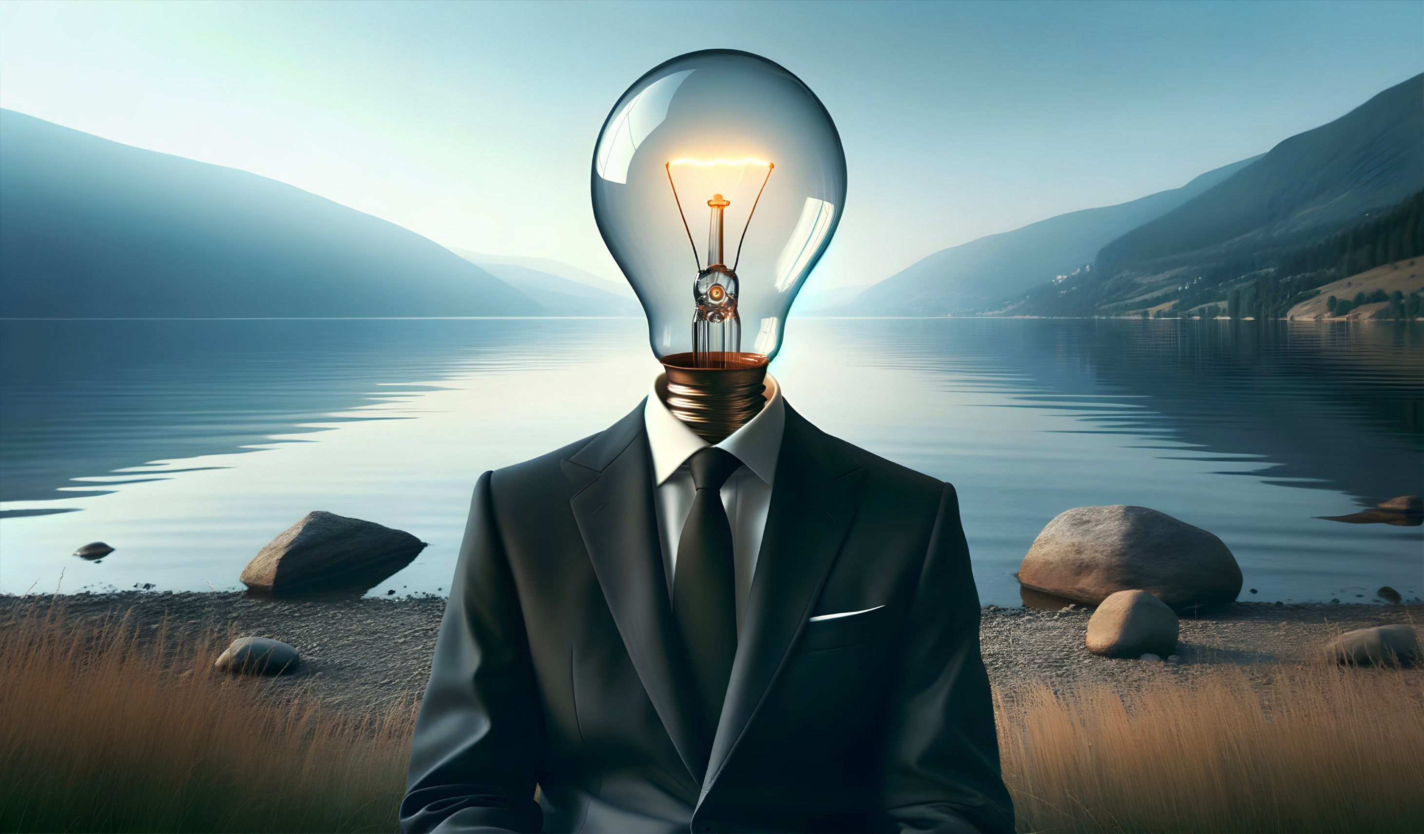 Surreal Scene of Figure with Lightbulb Head by Lake