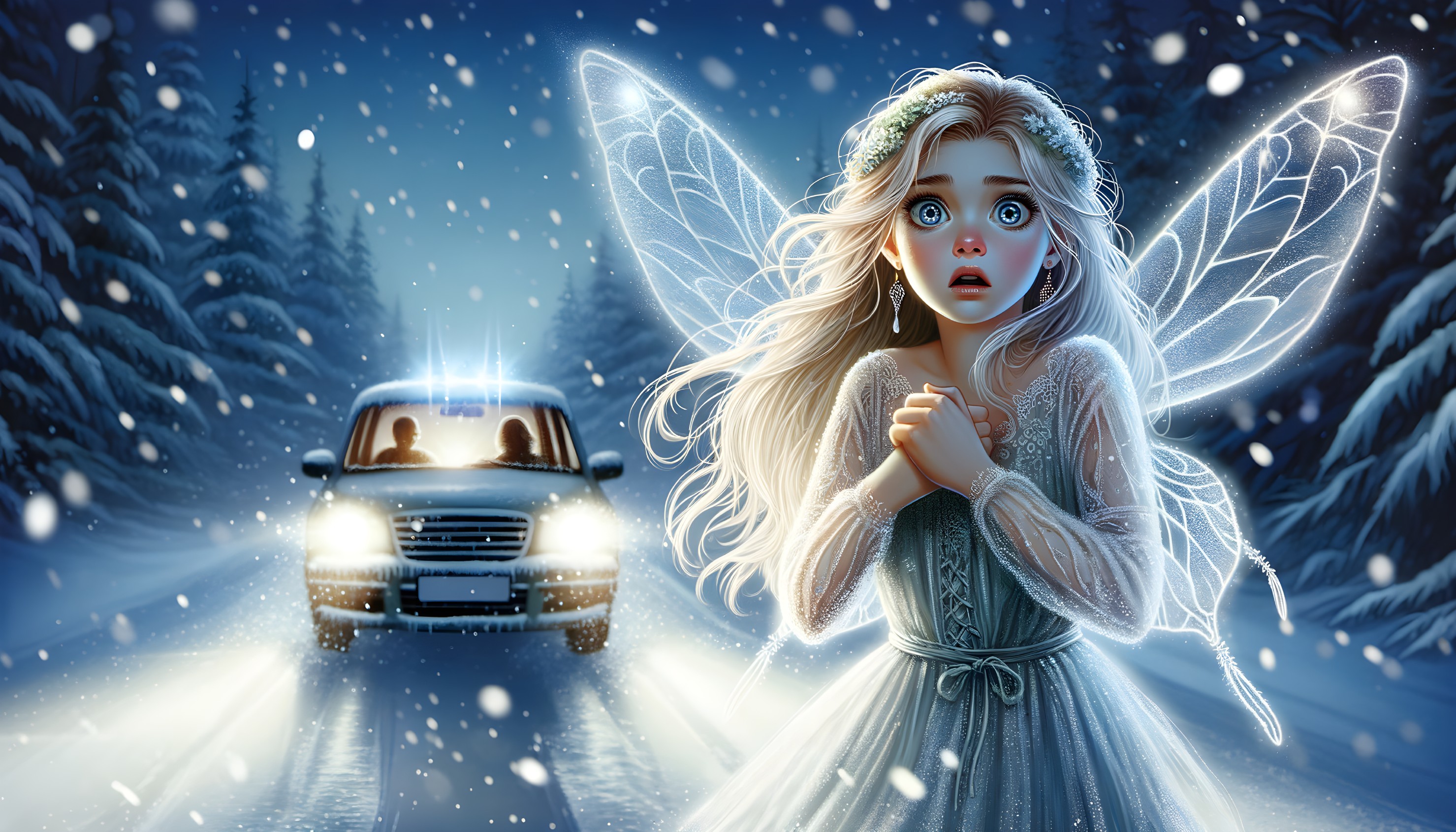 Animated fairy with luminescent wings in snowy forest at night.