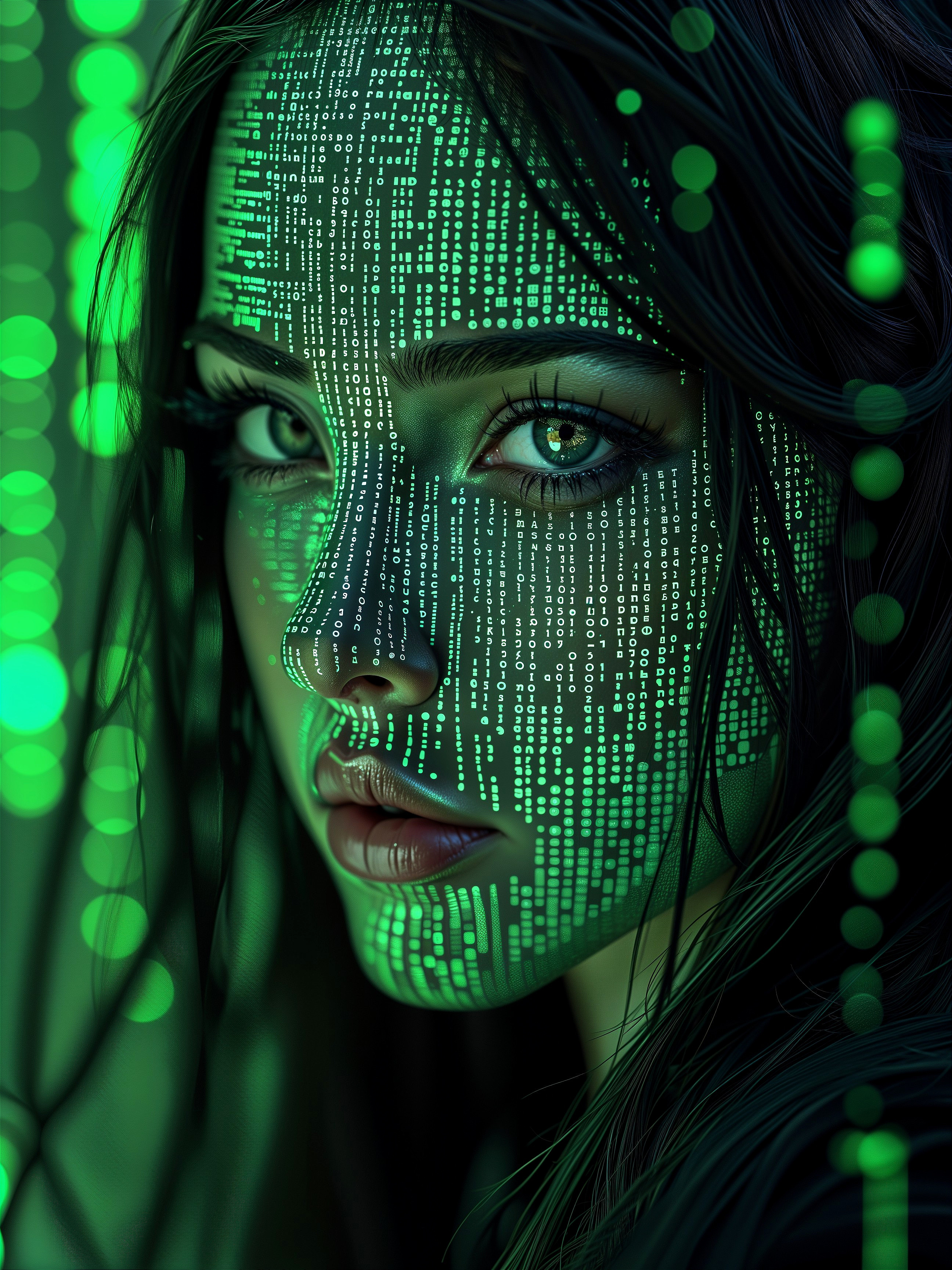 Close-Up of Woman's Face with Digital Patterns and Code