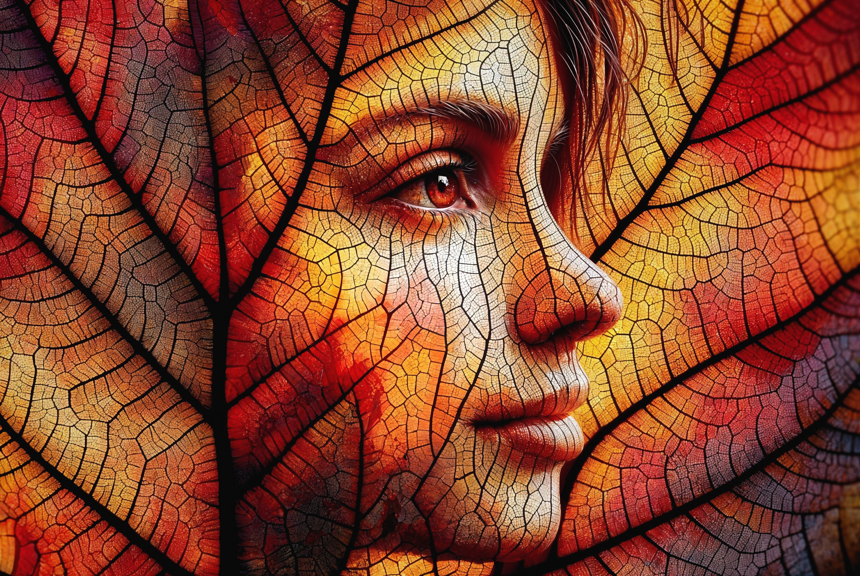 Woman's Profile Intertwined with Autumn Leaves