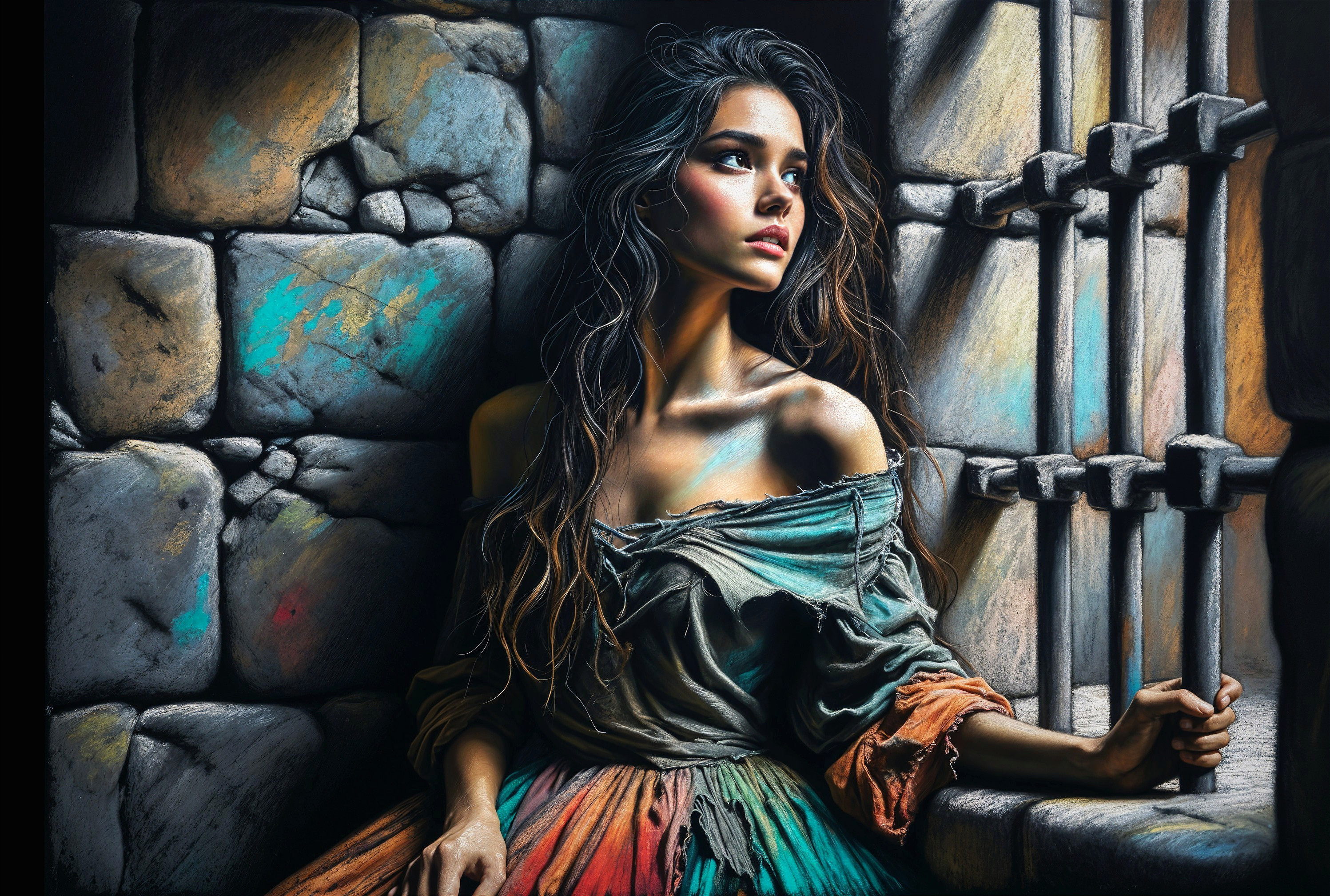 Young woman by stone wall with contemplative expression