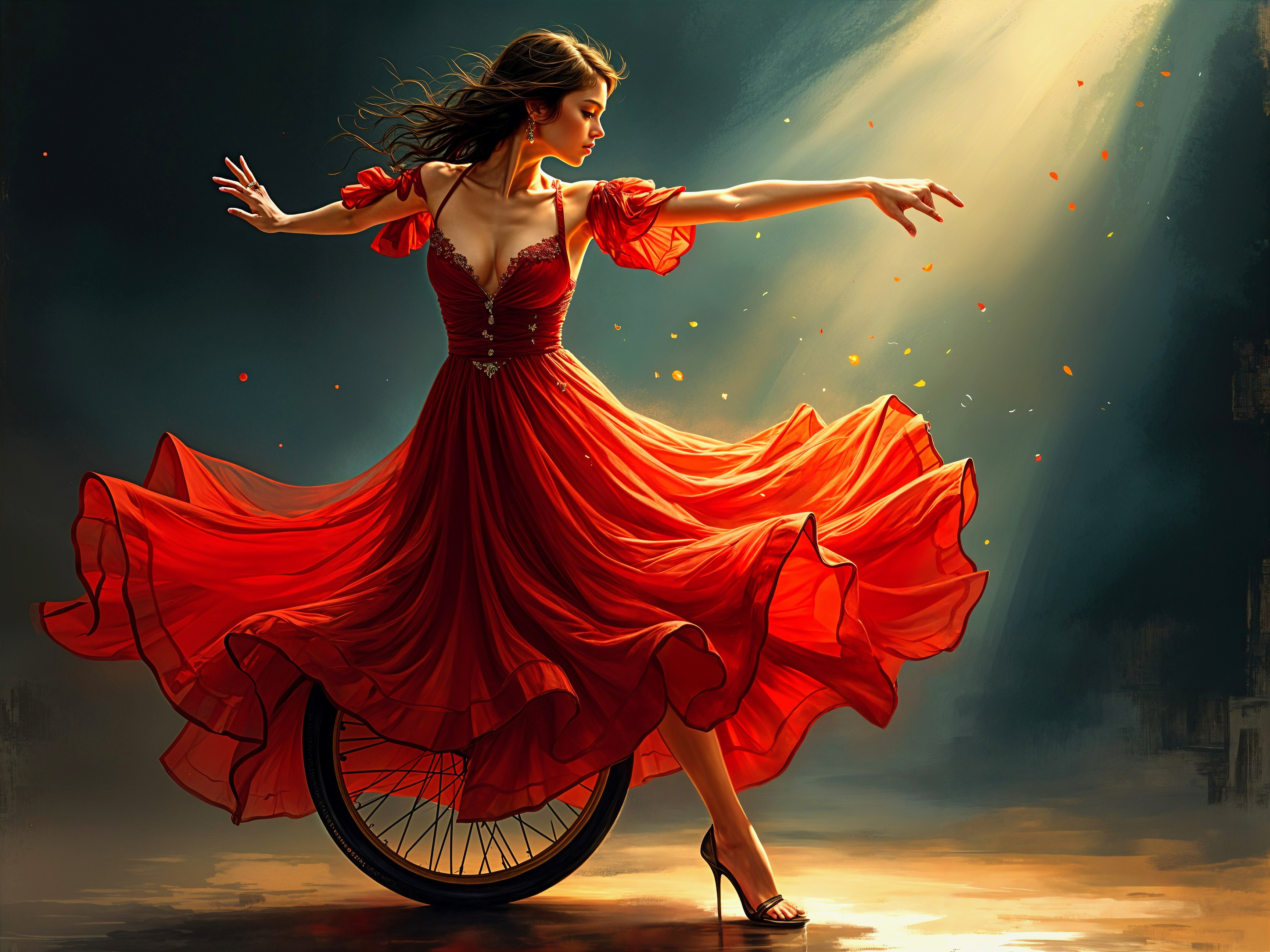 Elegant figure in red dress spinning on bicycle wheel