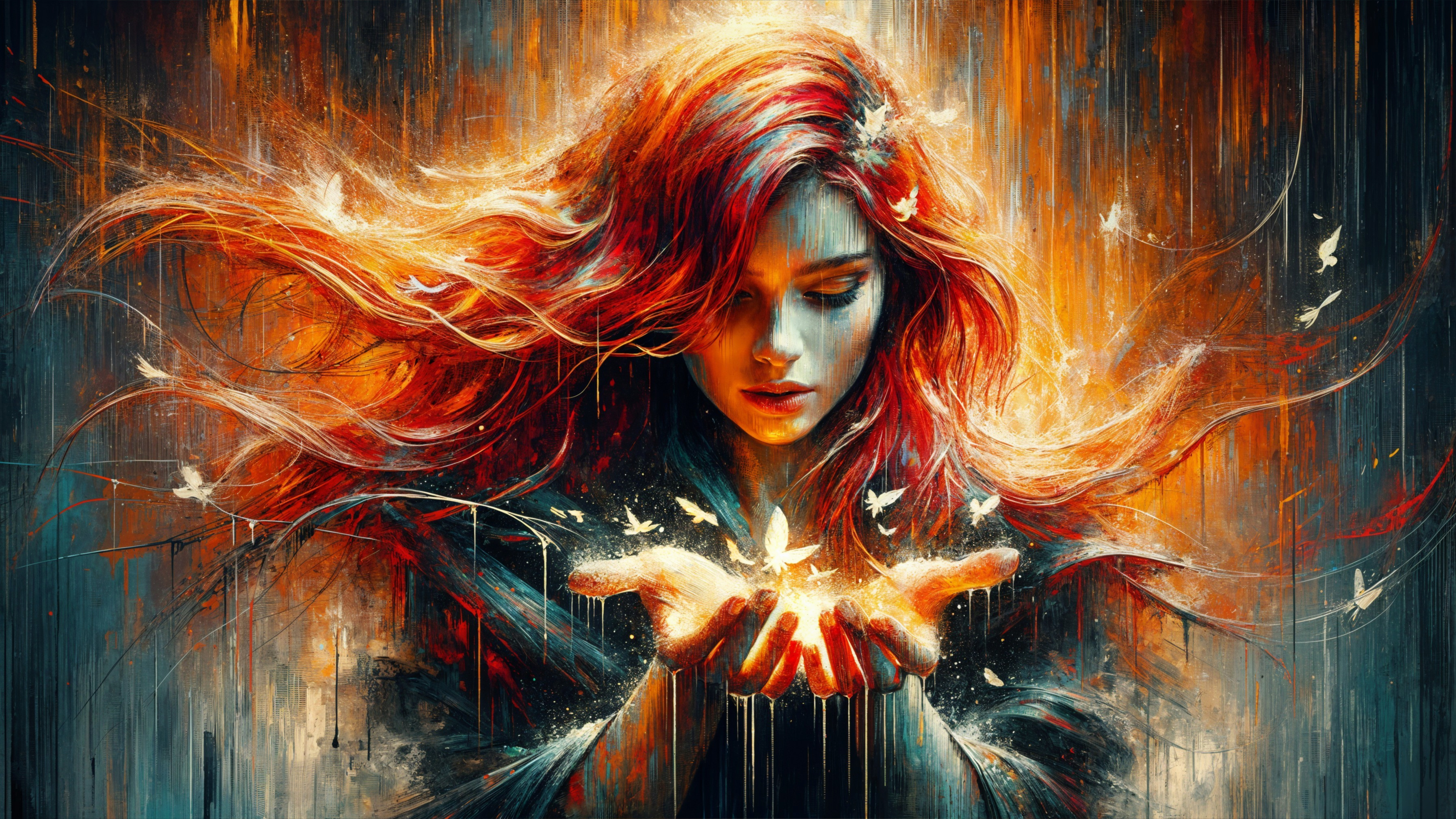 Mystical woman with red hair and glowing light