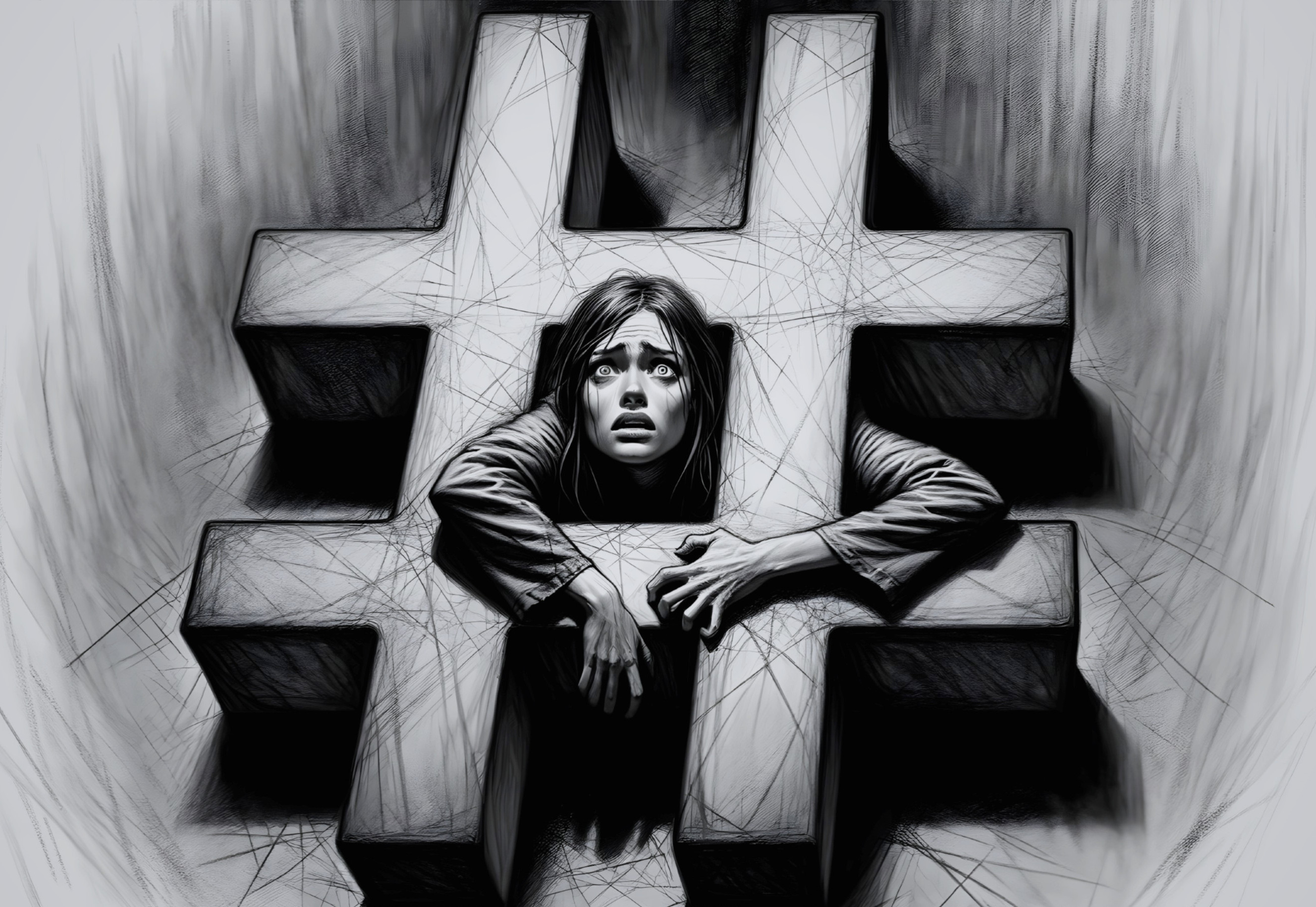 Woman Trapped in Hashtag Symbol Reflecting Distress