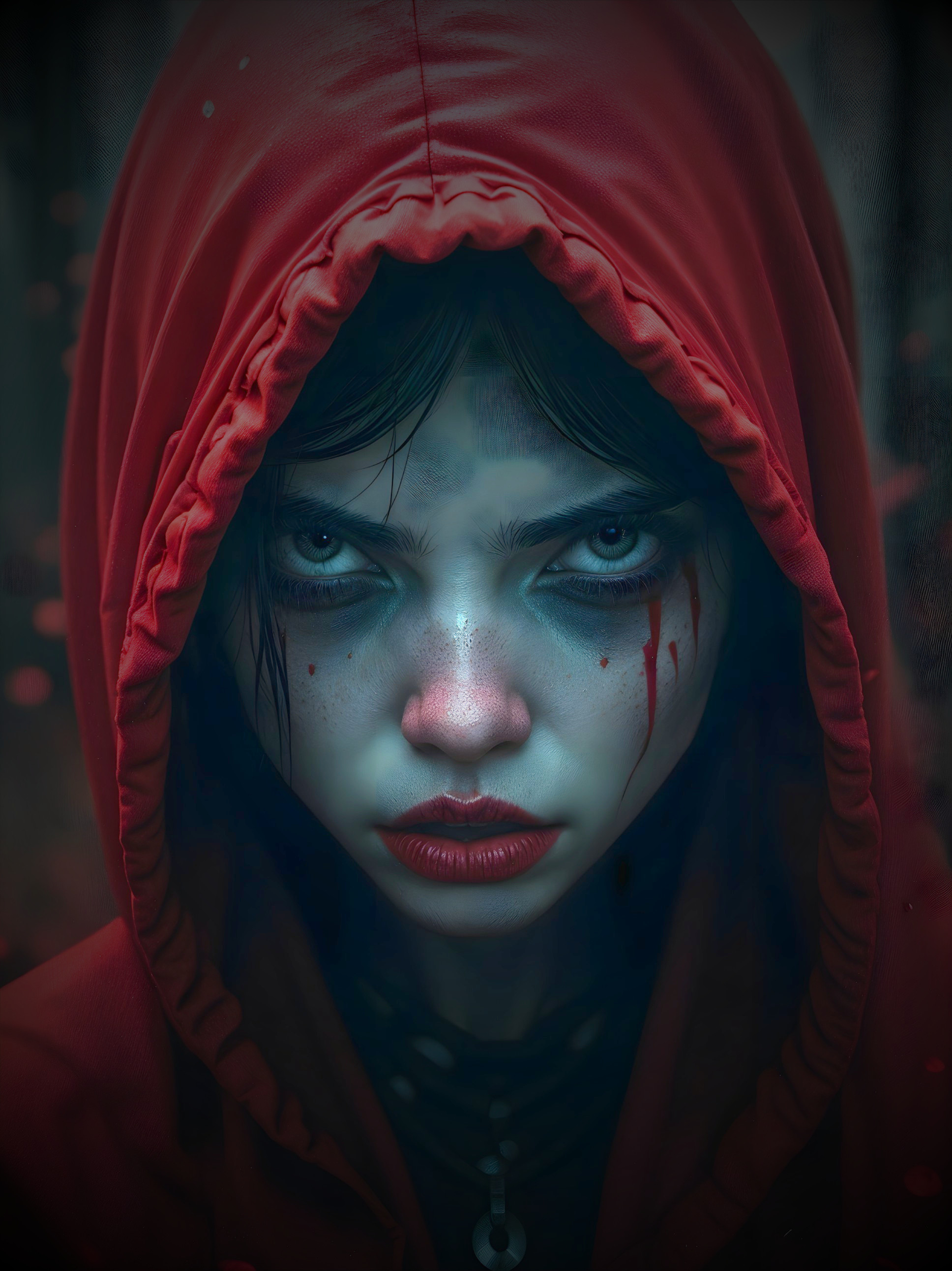 Close-up of a young woman in a red hoodie with blood marks