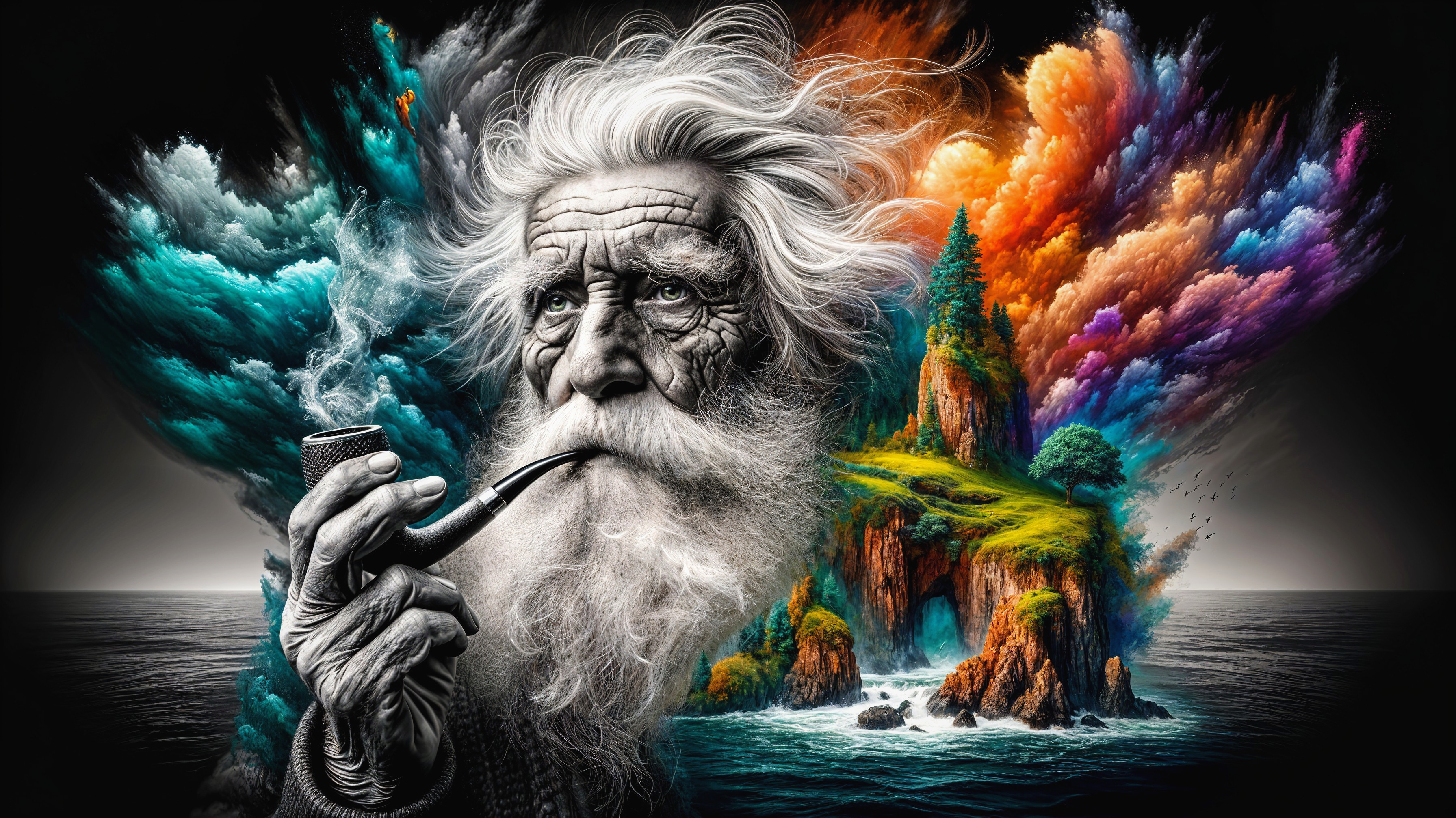 Elderly Man with Pipe Against Surreal Landscape