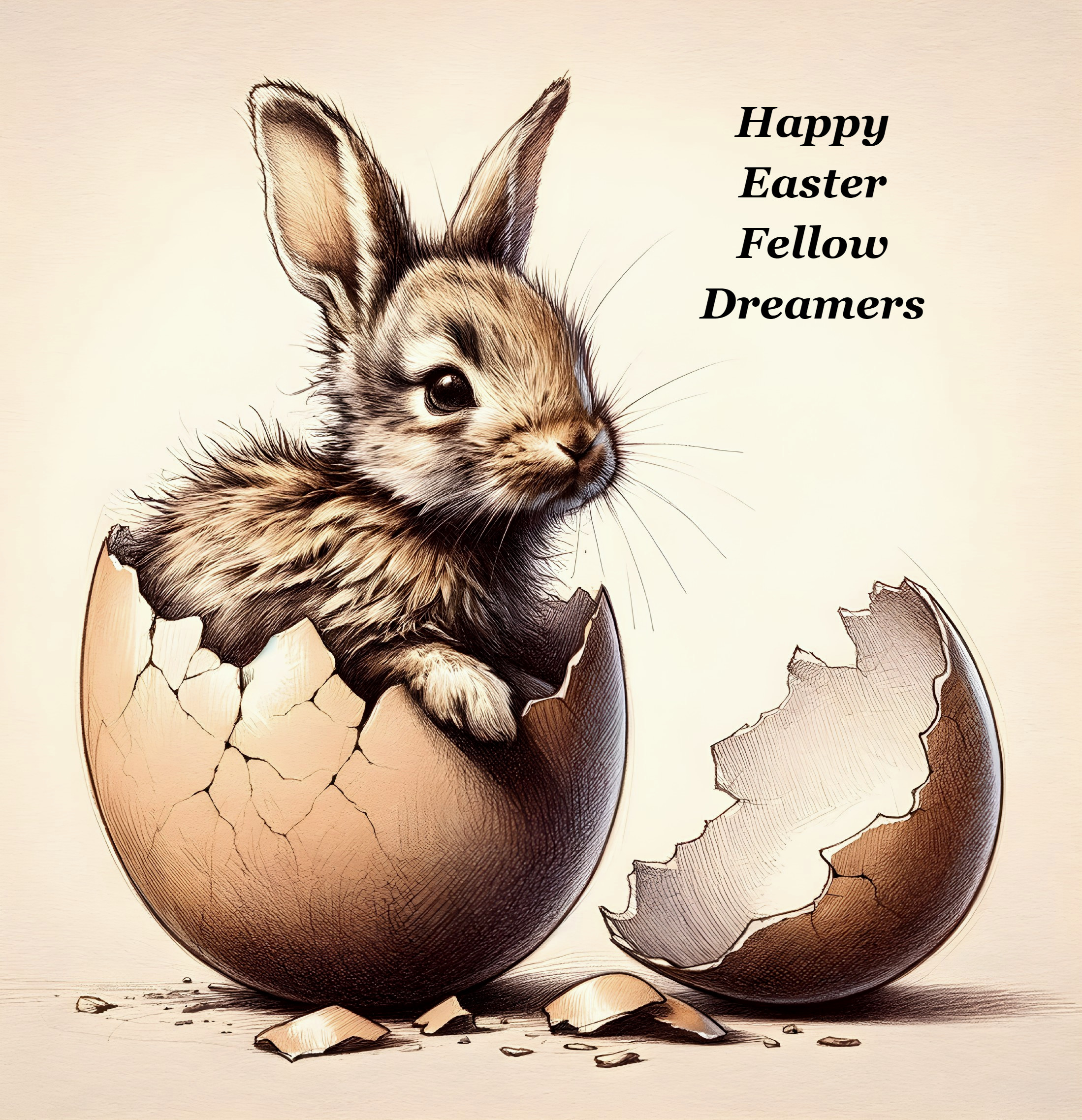 Baby Bunny Emerging from Cracked Eggshell Illustration