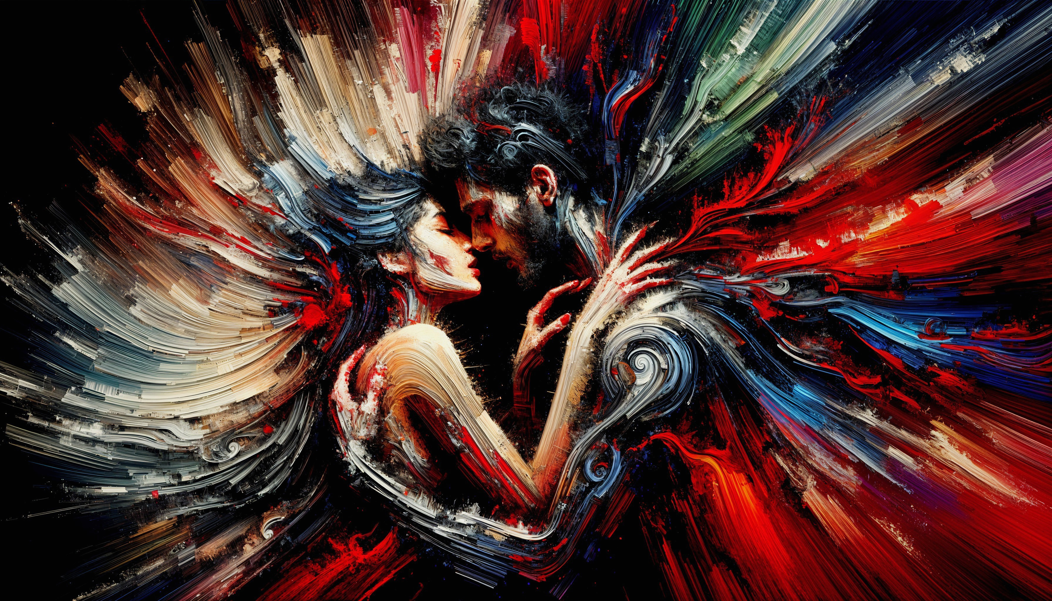 Intimate embrace of two figures with vibrant colors