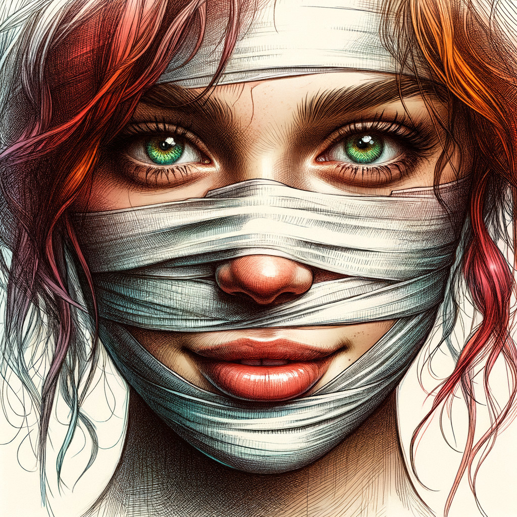 Close-up of a Young Woman's Face with Bandages