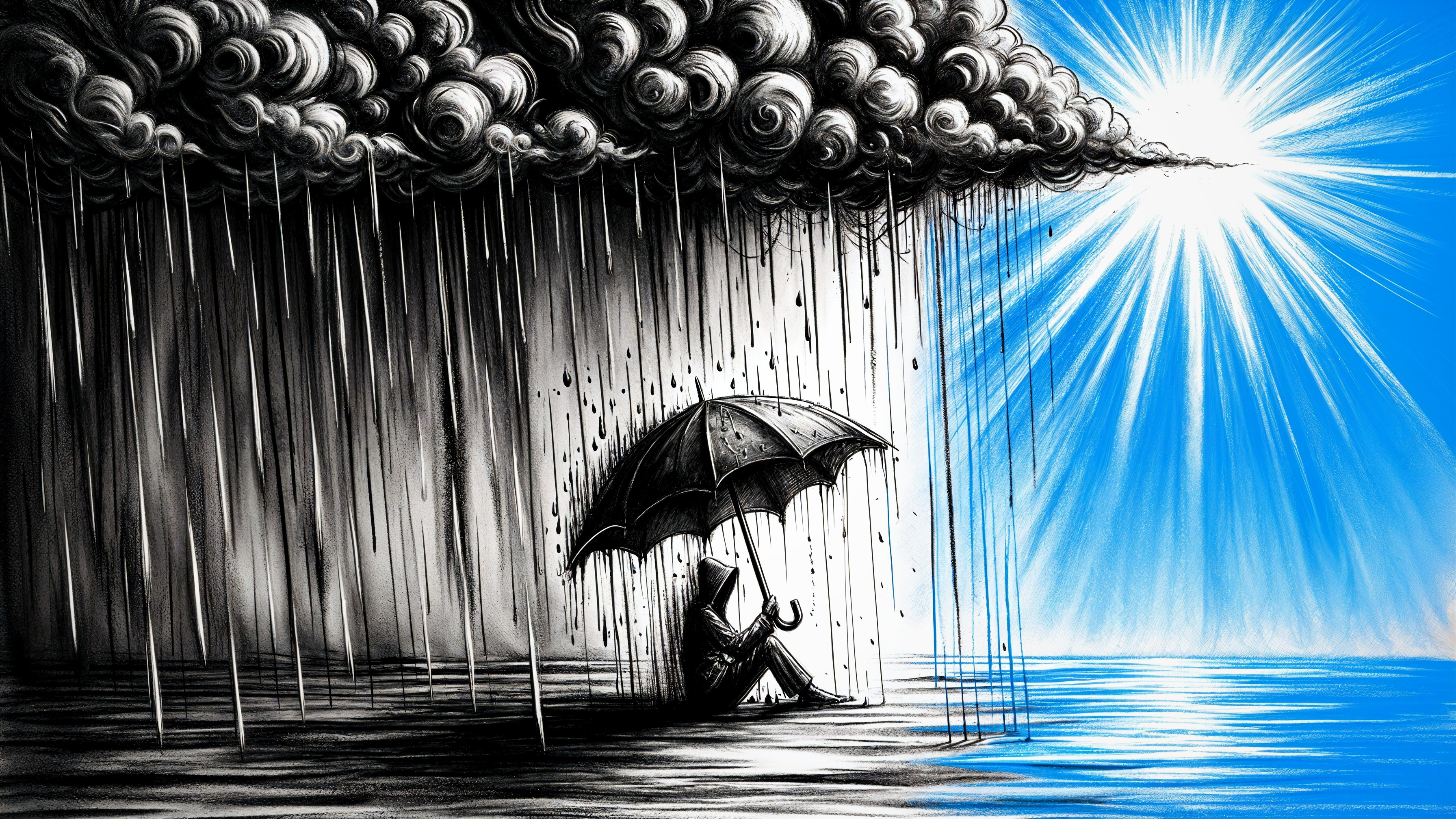 Solitary Figure Under Umbrella Amidst Contrasting Skies