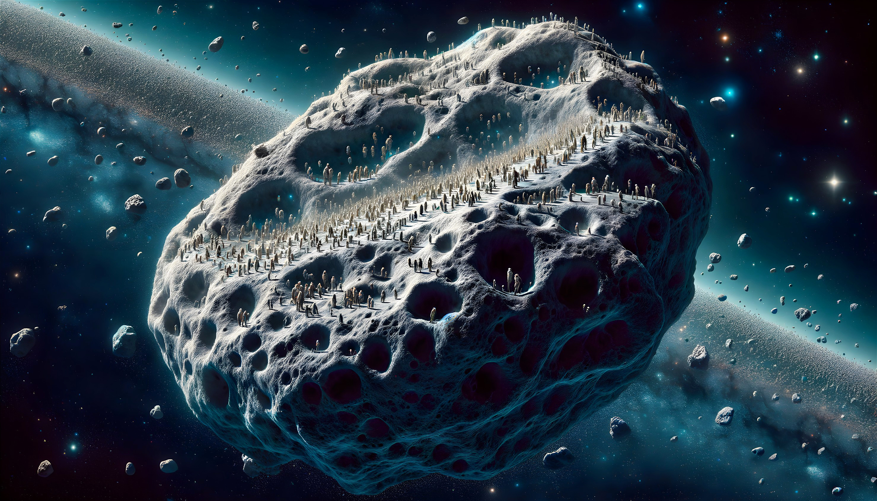 Colossal Asteroid in Cosmic Landscape with Explorers