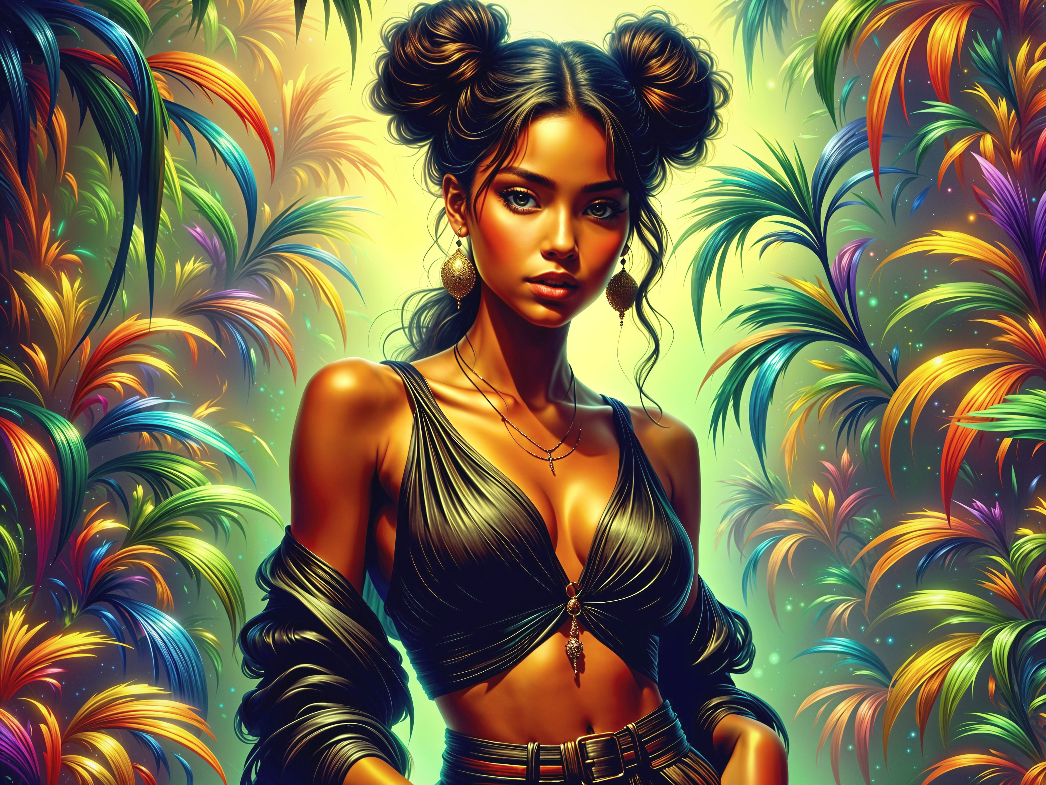 Young woman in tropical setting with vibrant foliage