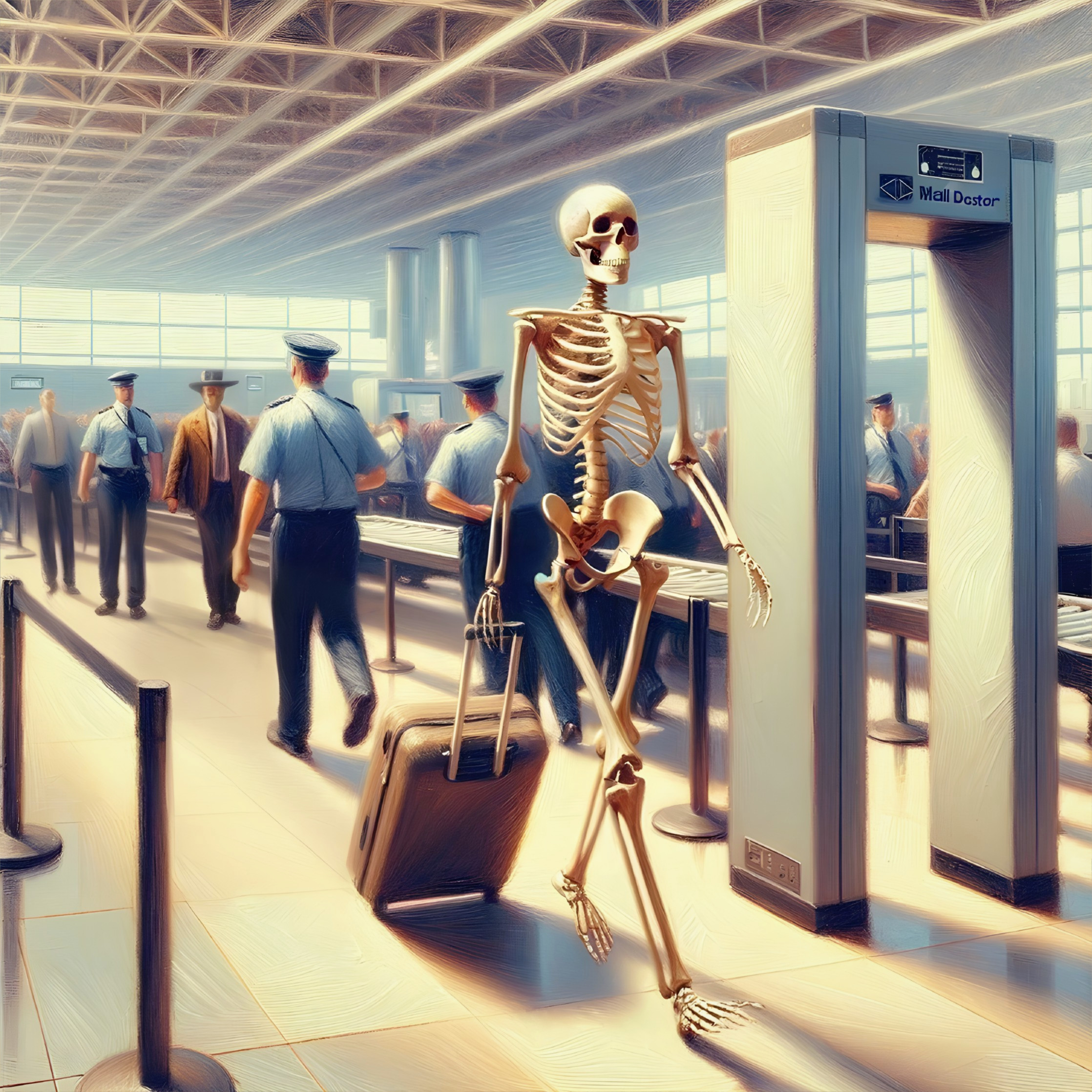 Skeleton Navigating Airport Security with Suitcase