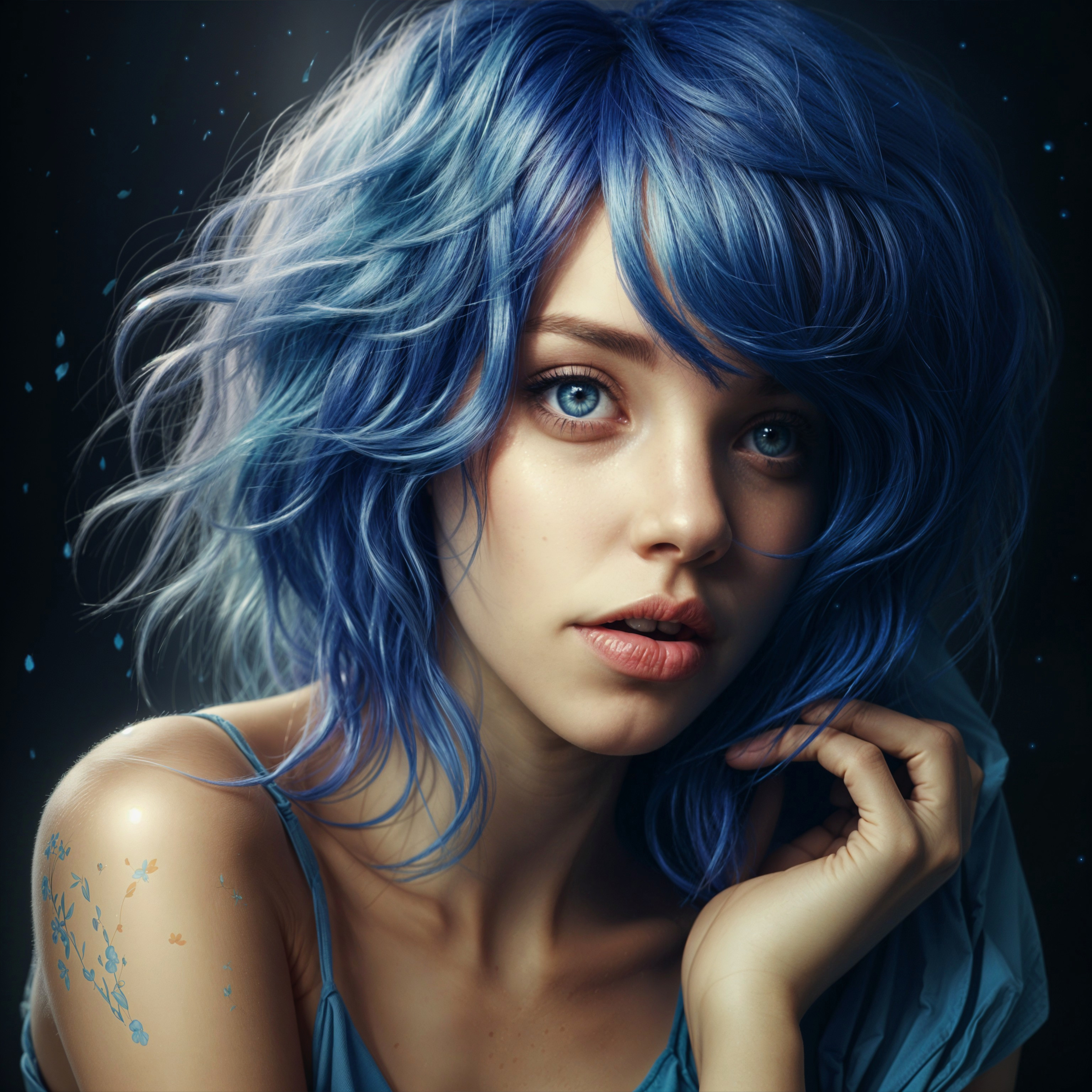 Portrait of a Young Woman with Blue Hair and Eyes