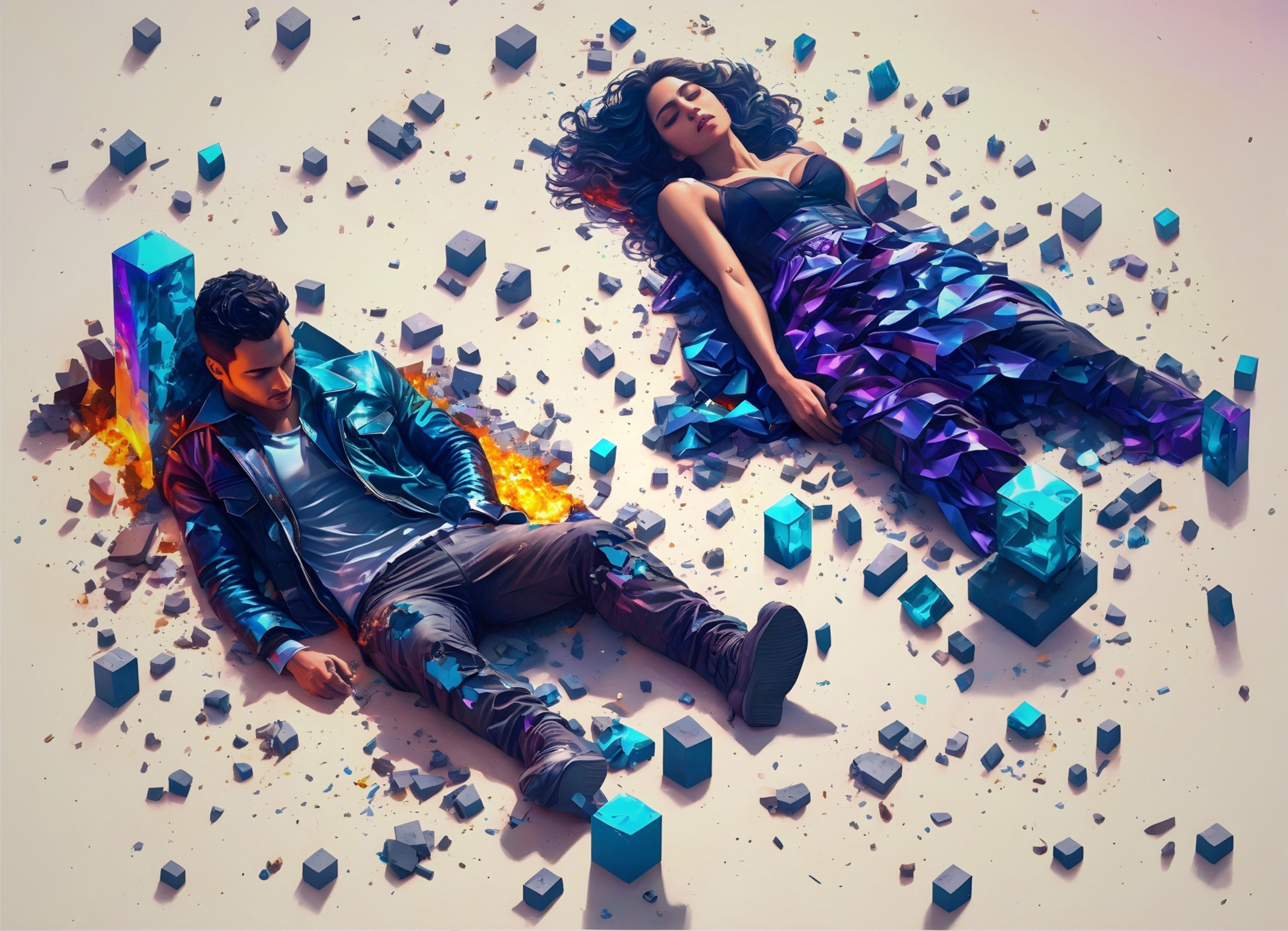 Surreal Landscape with Figures and Geometric Shapes