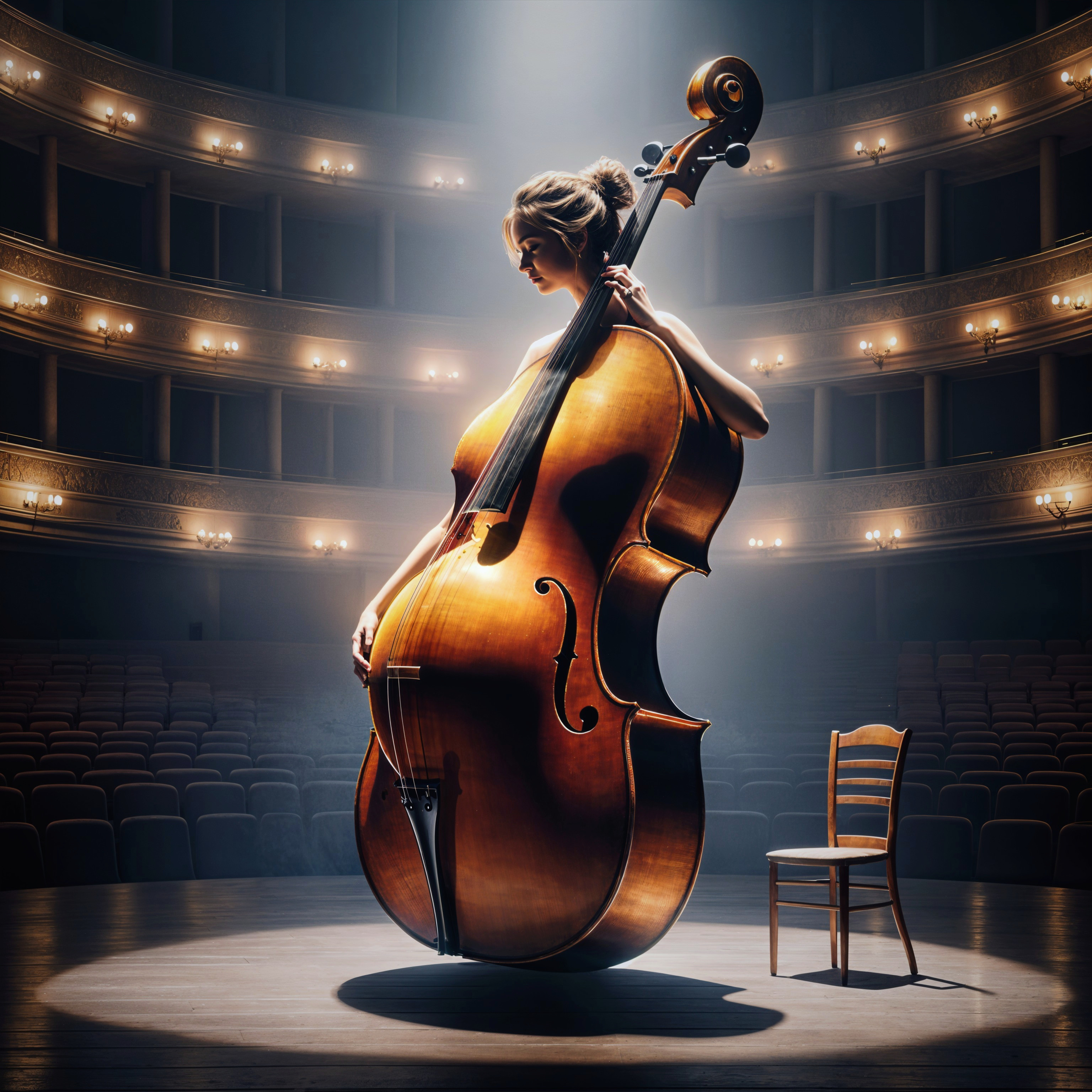 Theater Scene with Woman and Double Bass in Spotlight