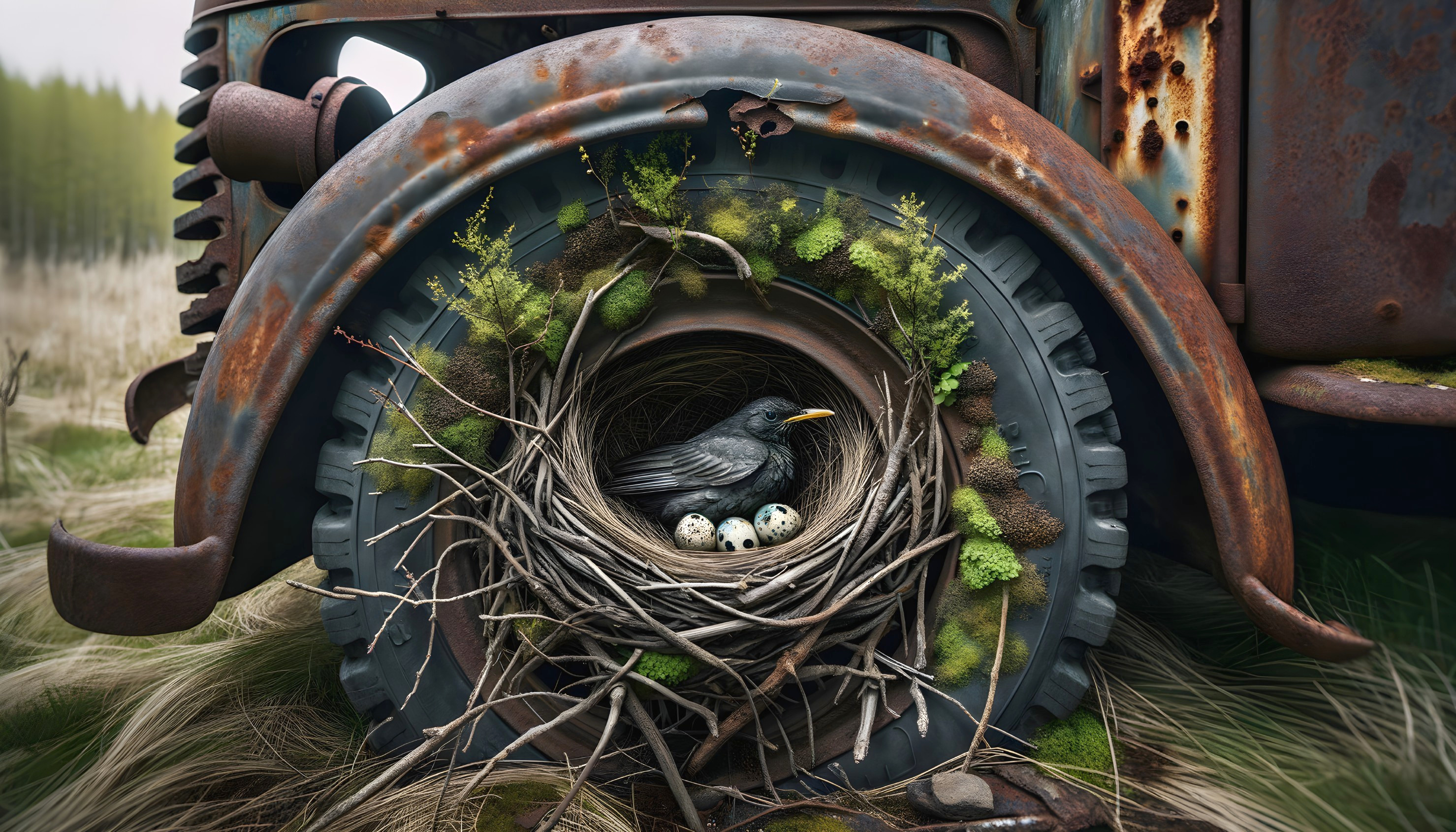 Bird nest with eggs in rusty tractor tire among moss in woodland.