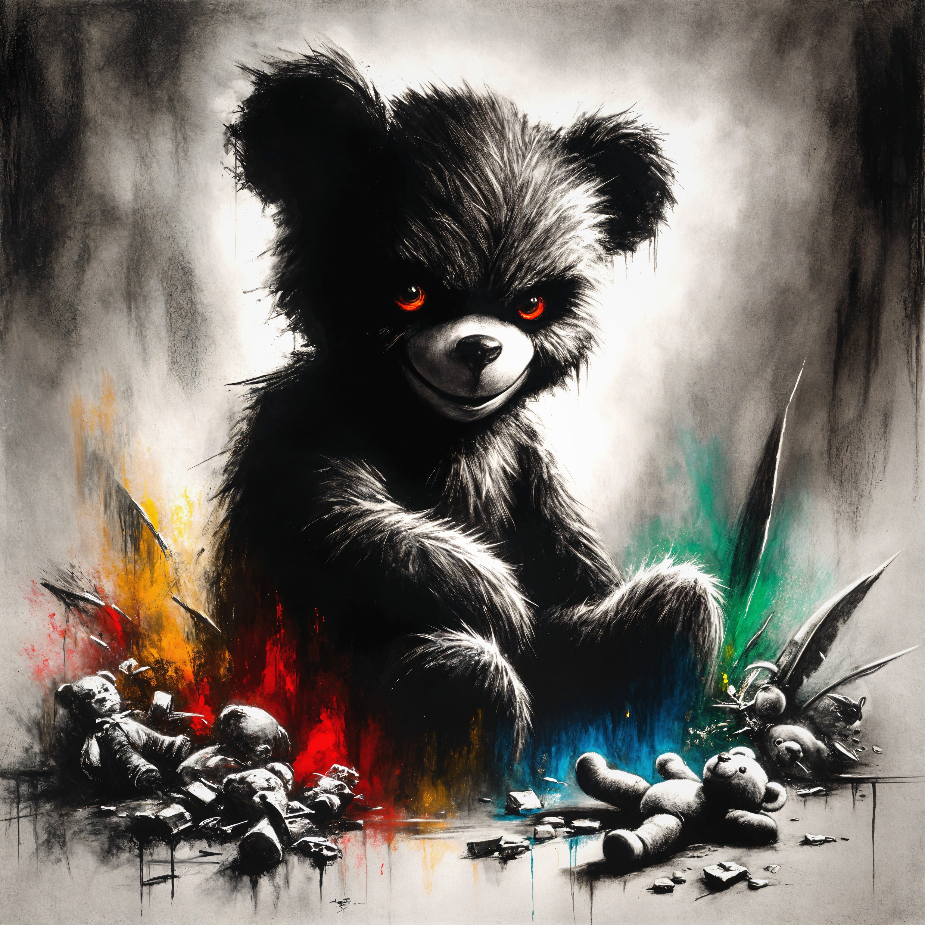 Black Teddy Bear Surrounded by Broken Toys and Paint