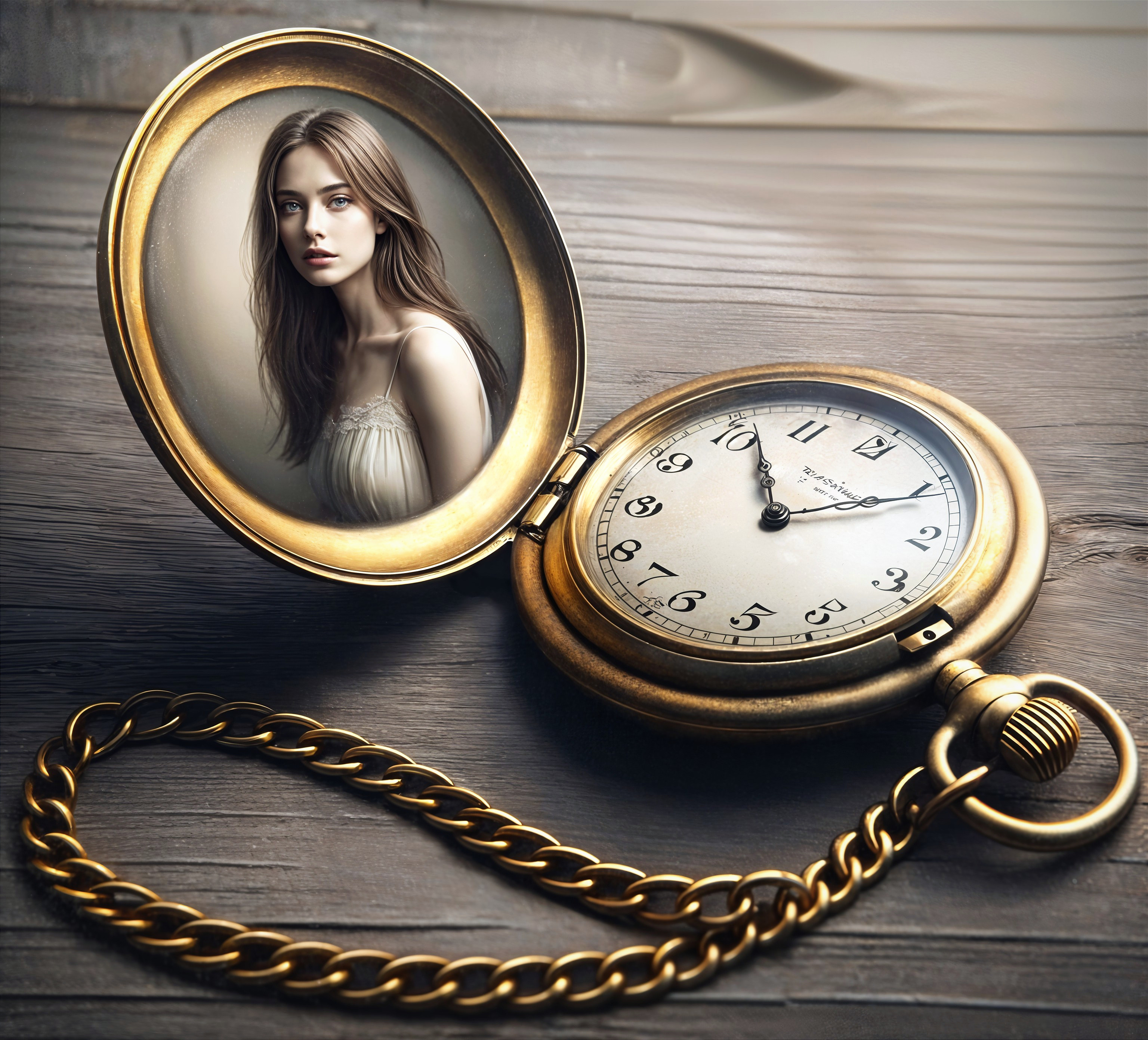 Antique Pocket Watch with Portrait on Rustic Wood