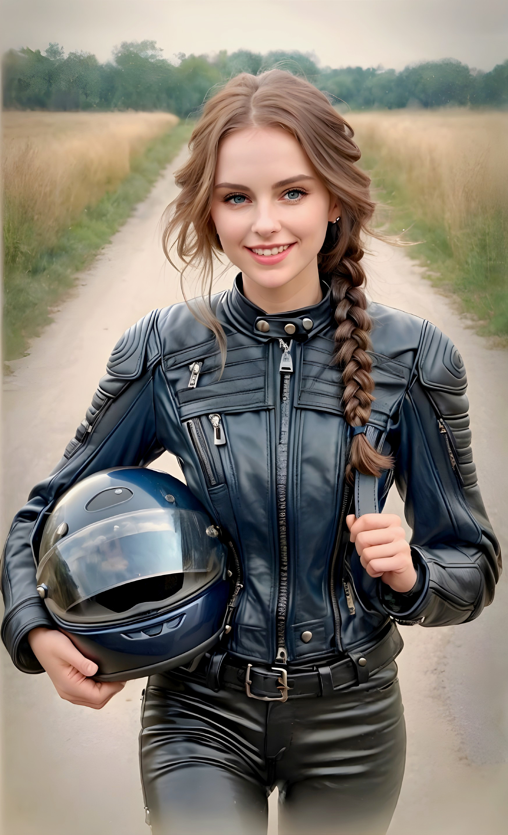 Young Woman in Leather Jacket on Dirt Road