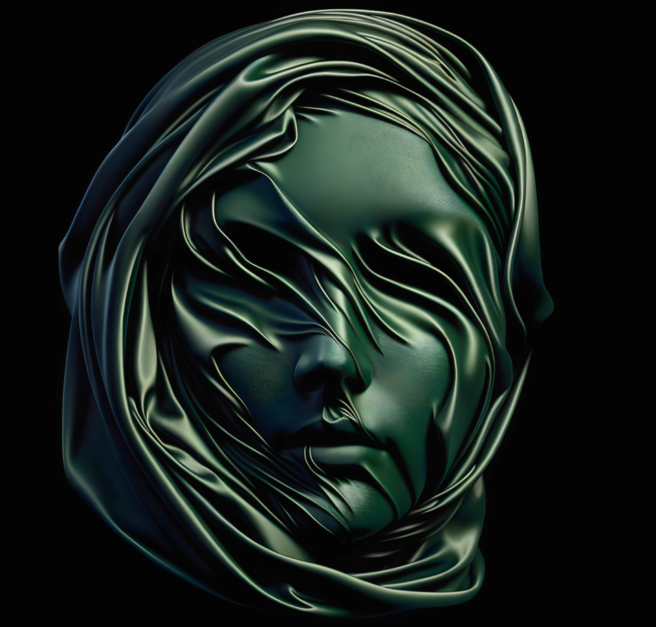 Stylized Human Face Draped in Dark Green Fabric