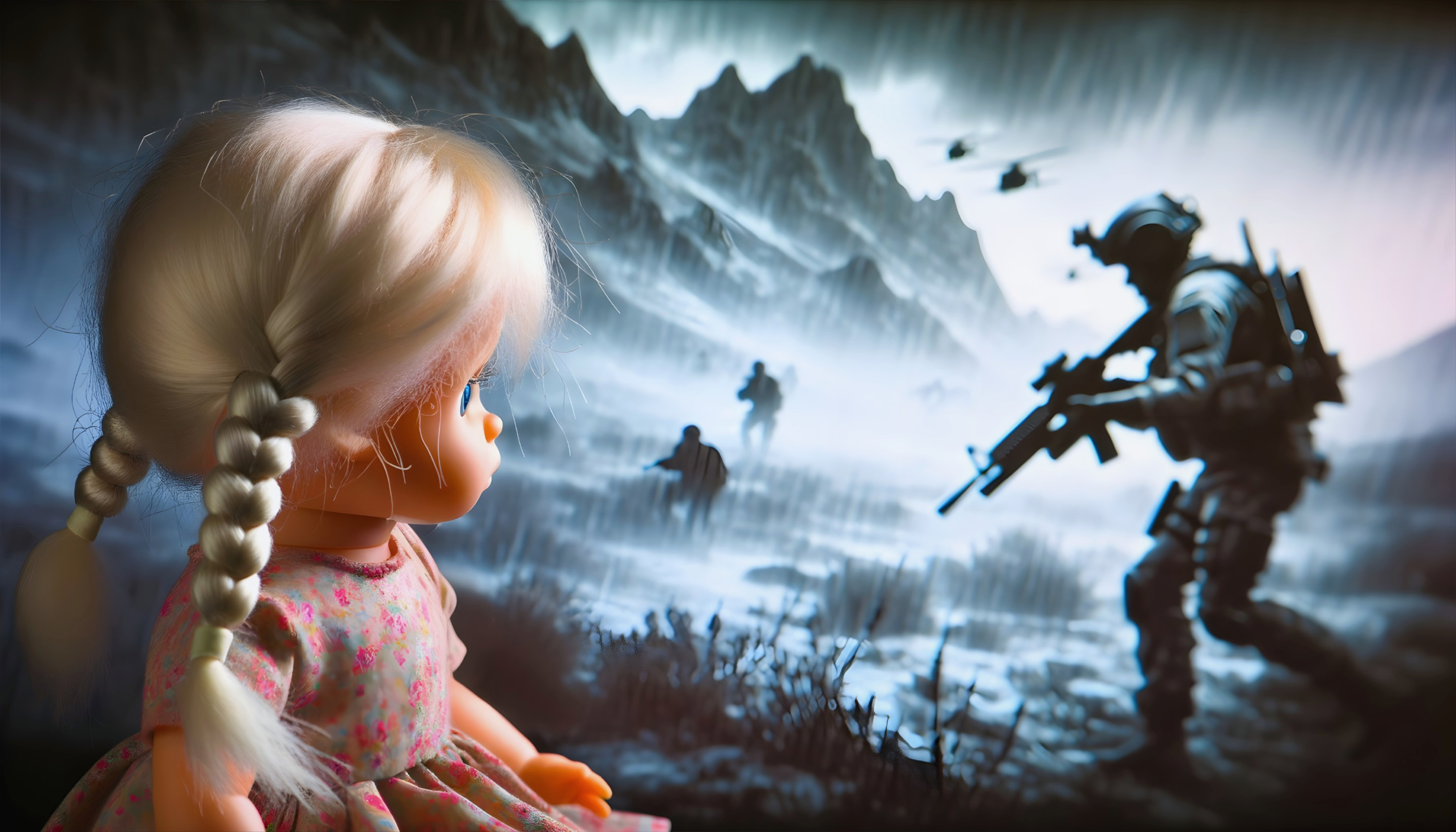 Vintage Doll Against Dramatic Military Backdrop