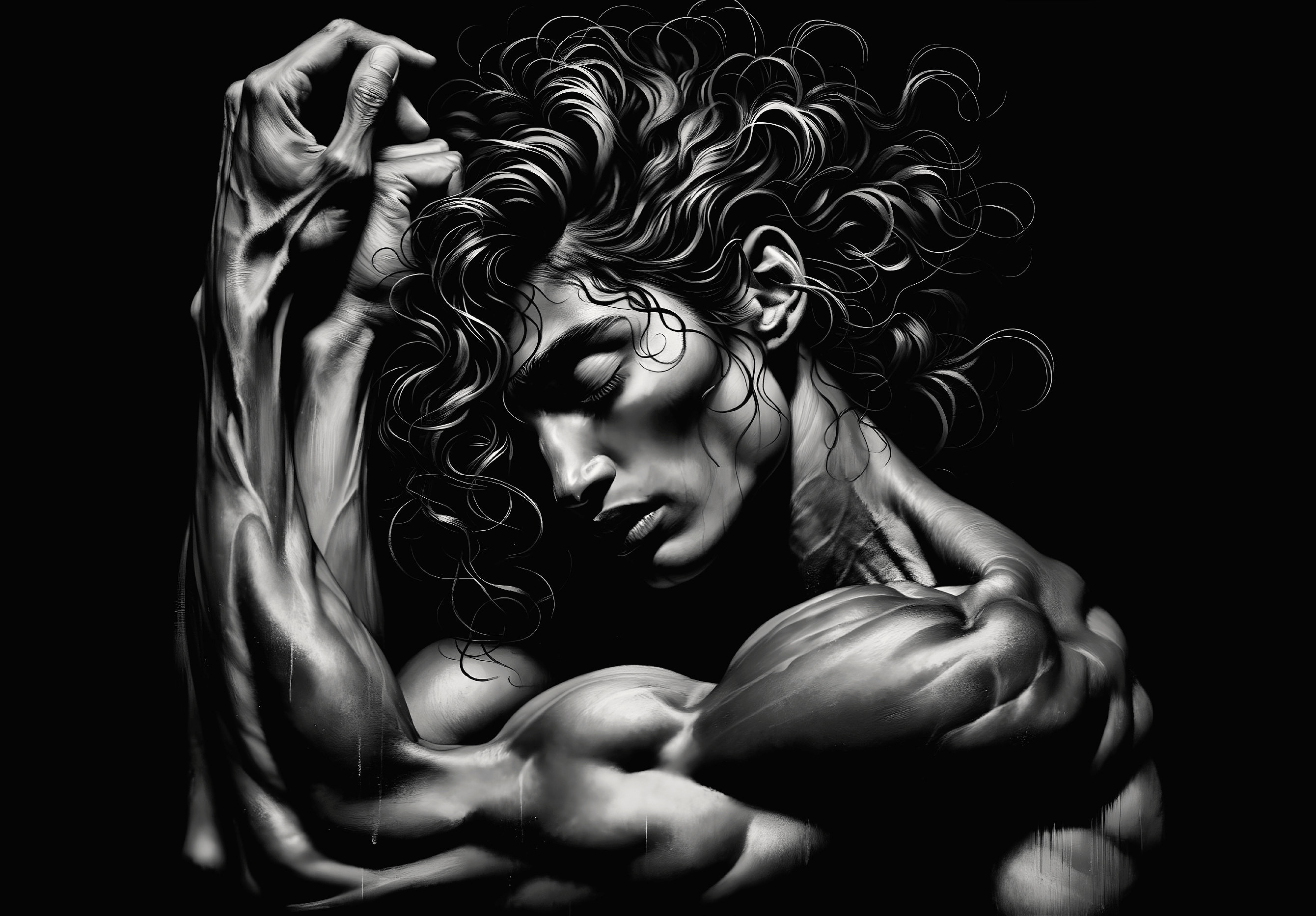 Muscular Male Figure with Intense Expression and Shadows