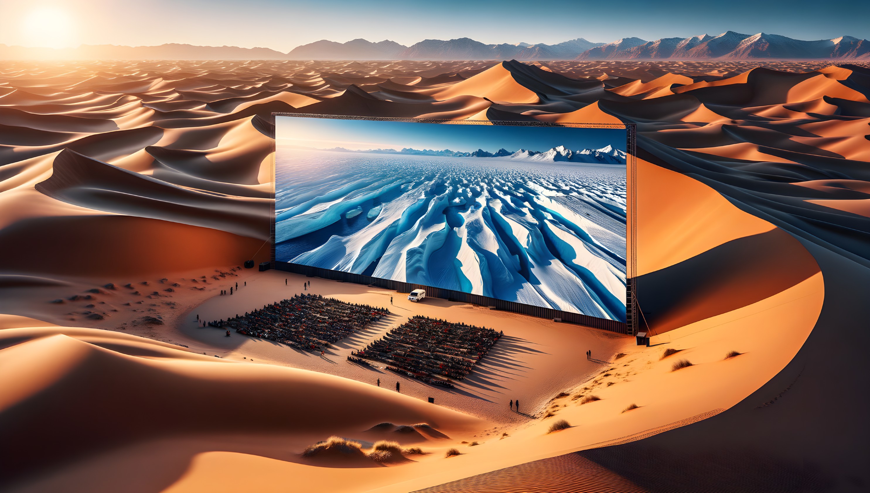 Outdoor Cinema in Desert Dunes Showing Snow-Covered Landscape