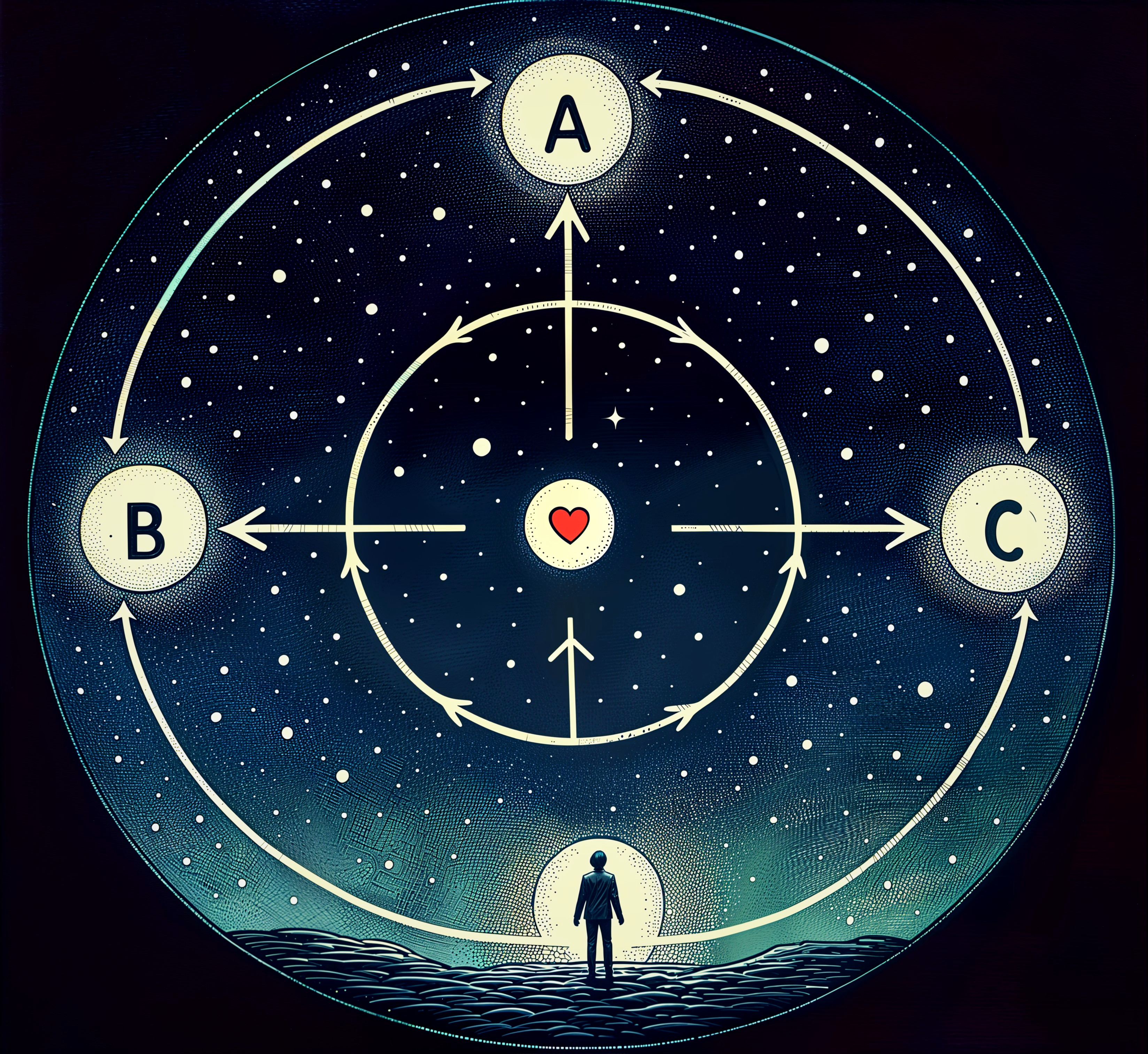 Cosmic Scene with Symbols and Heart in Dark Landscape