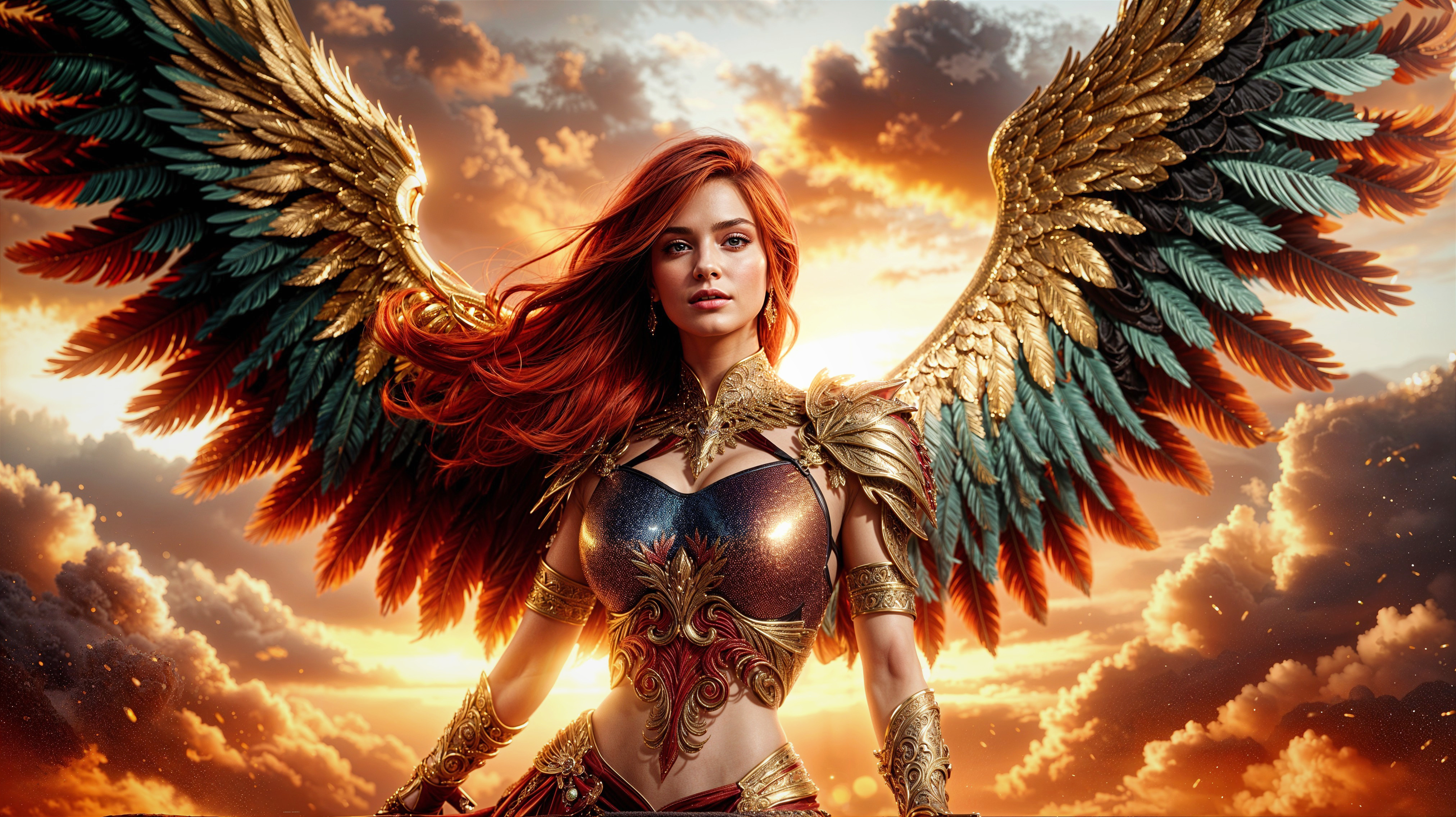 Warrior with Golden Wings Against Dramatic Sunset