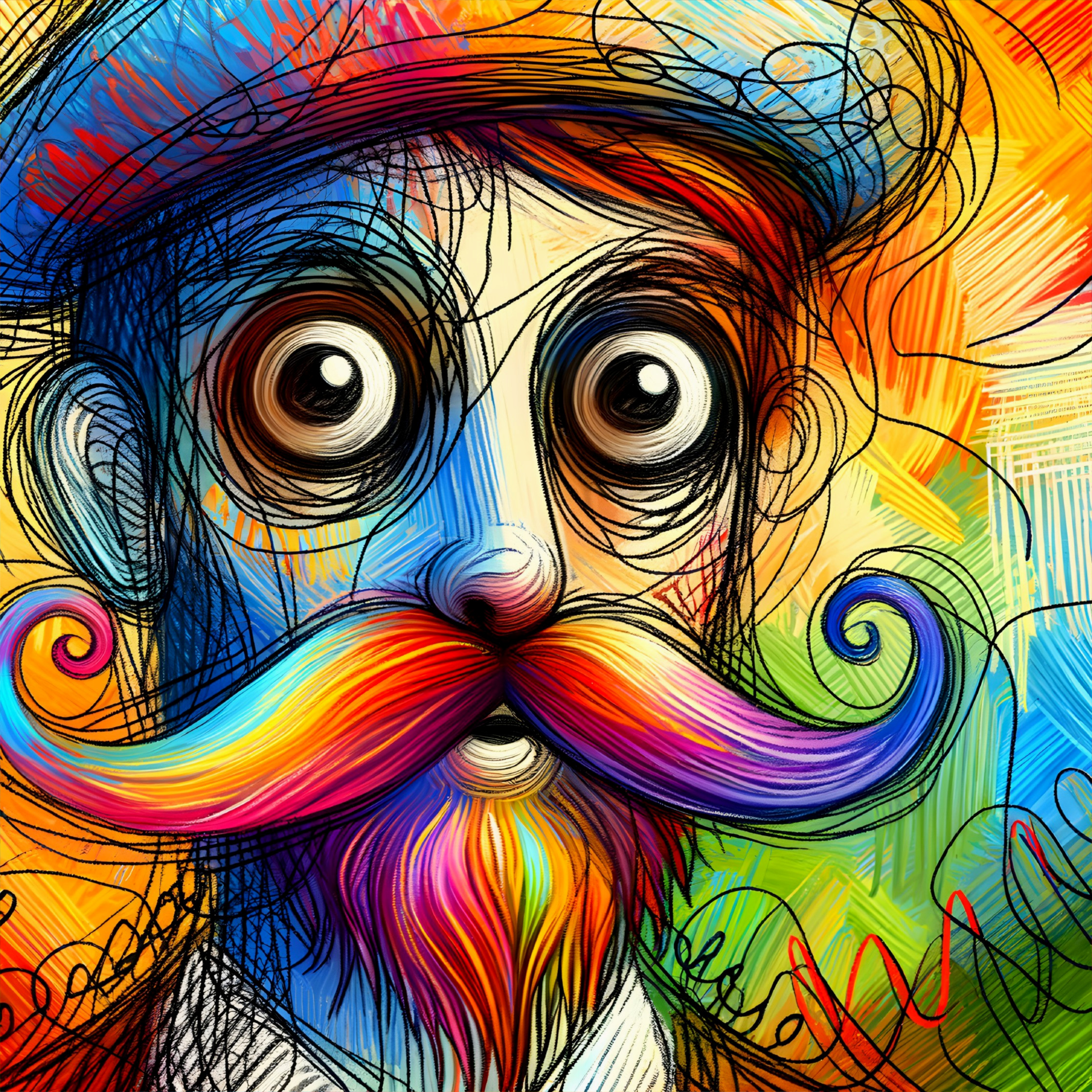 Colorful Character with Vibrant Mustache and Hat