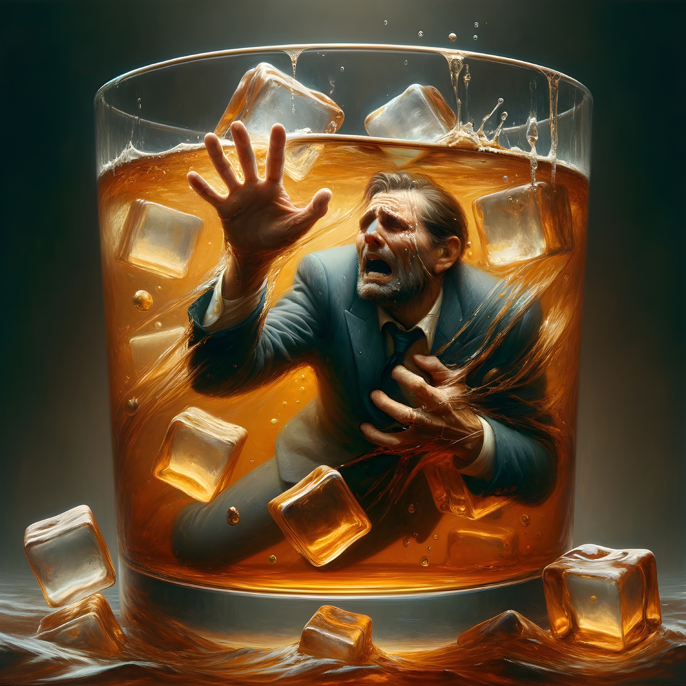 Distressed Man Submerged in Amber Liquid with Ice