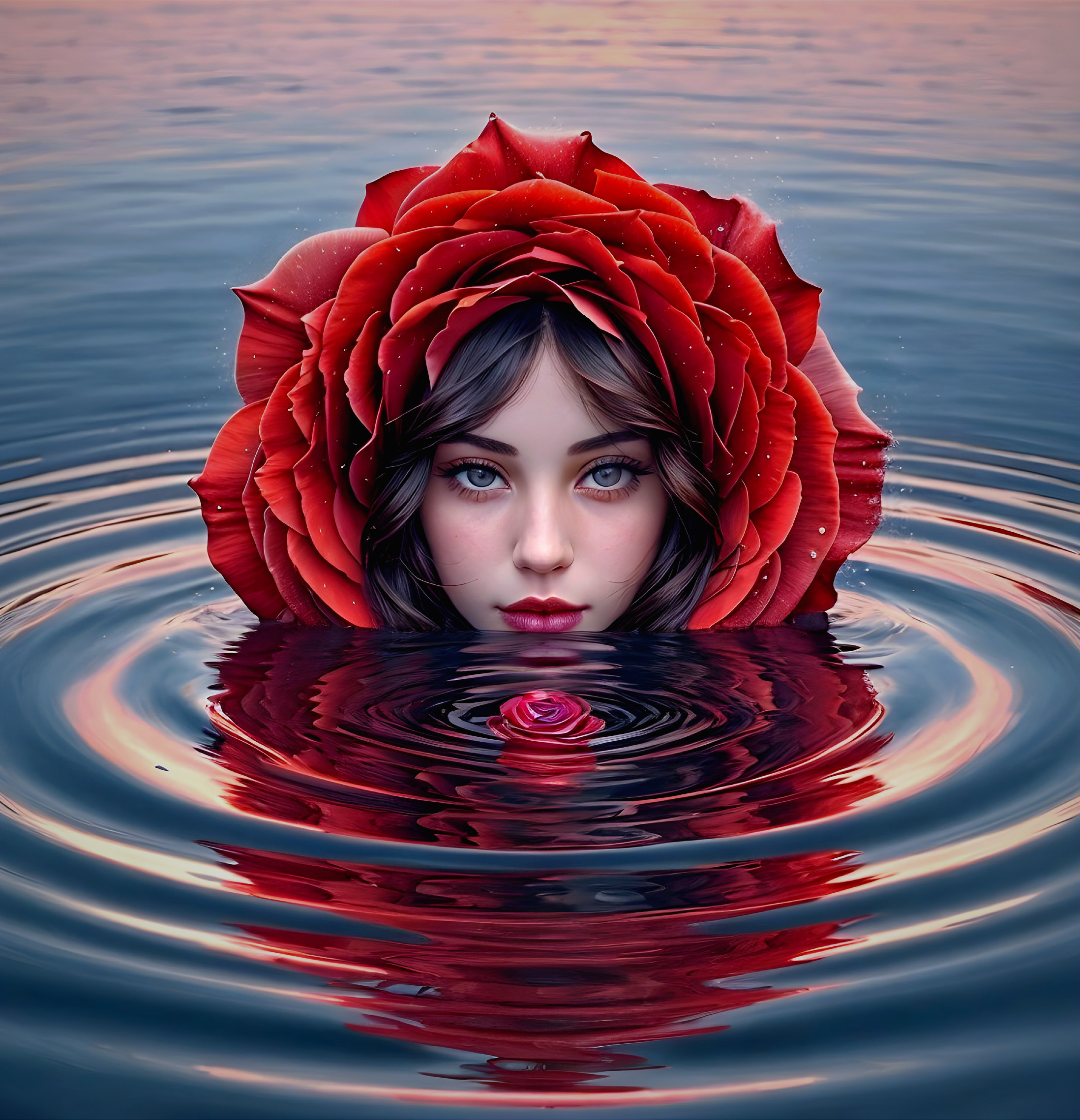 Young Woman's Face Surrounded by Roses in Water