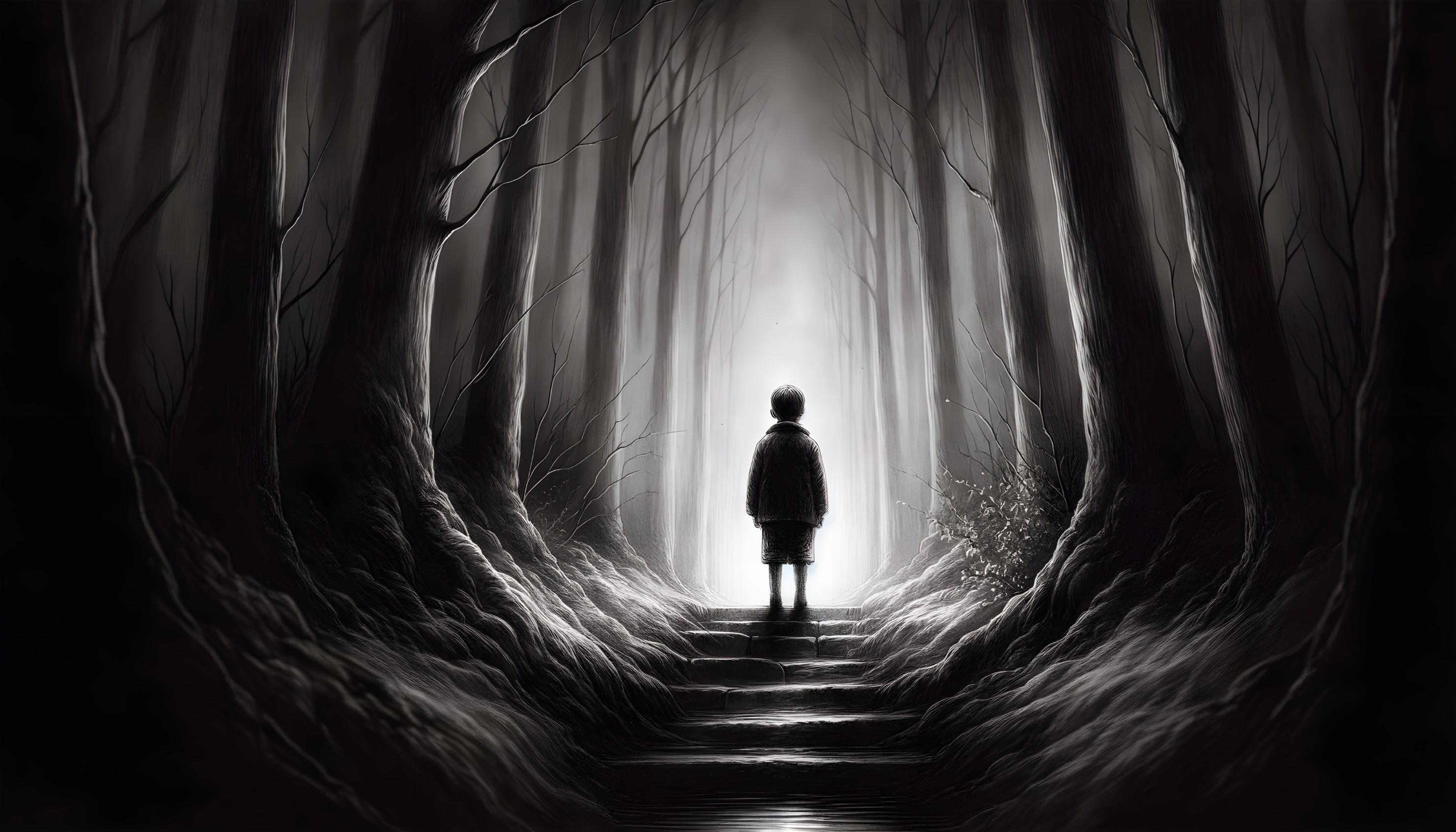 Solitary Figure at Edge of Misty Forest with Light