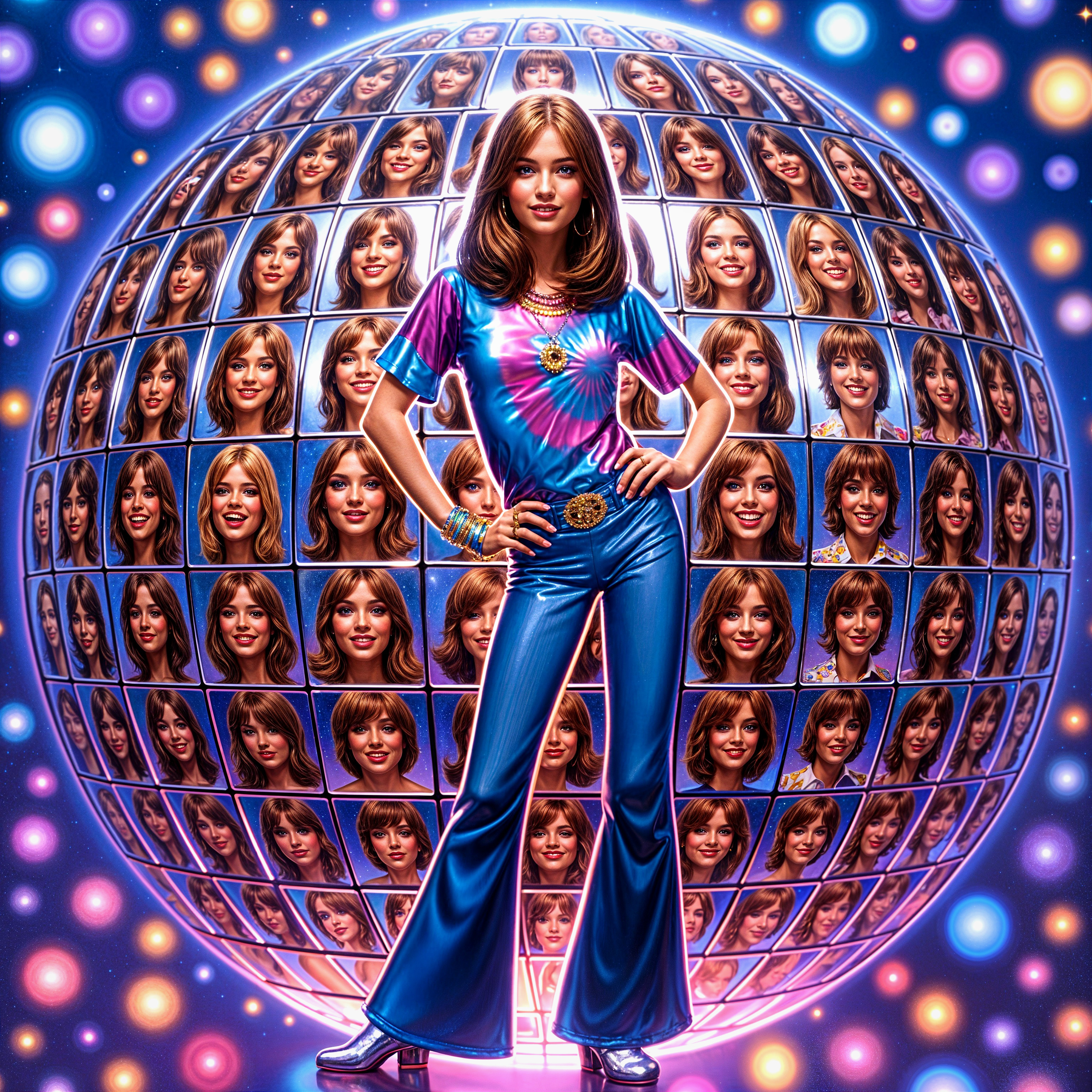 Vibrant 70s Disco Scene with Colorful Fashion Elements