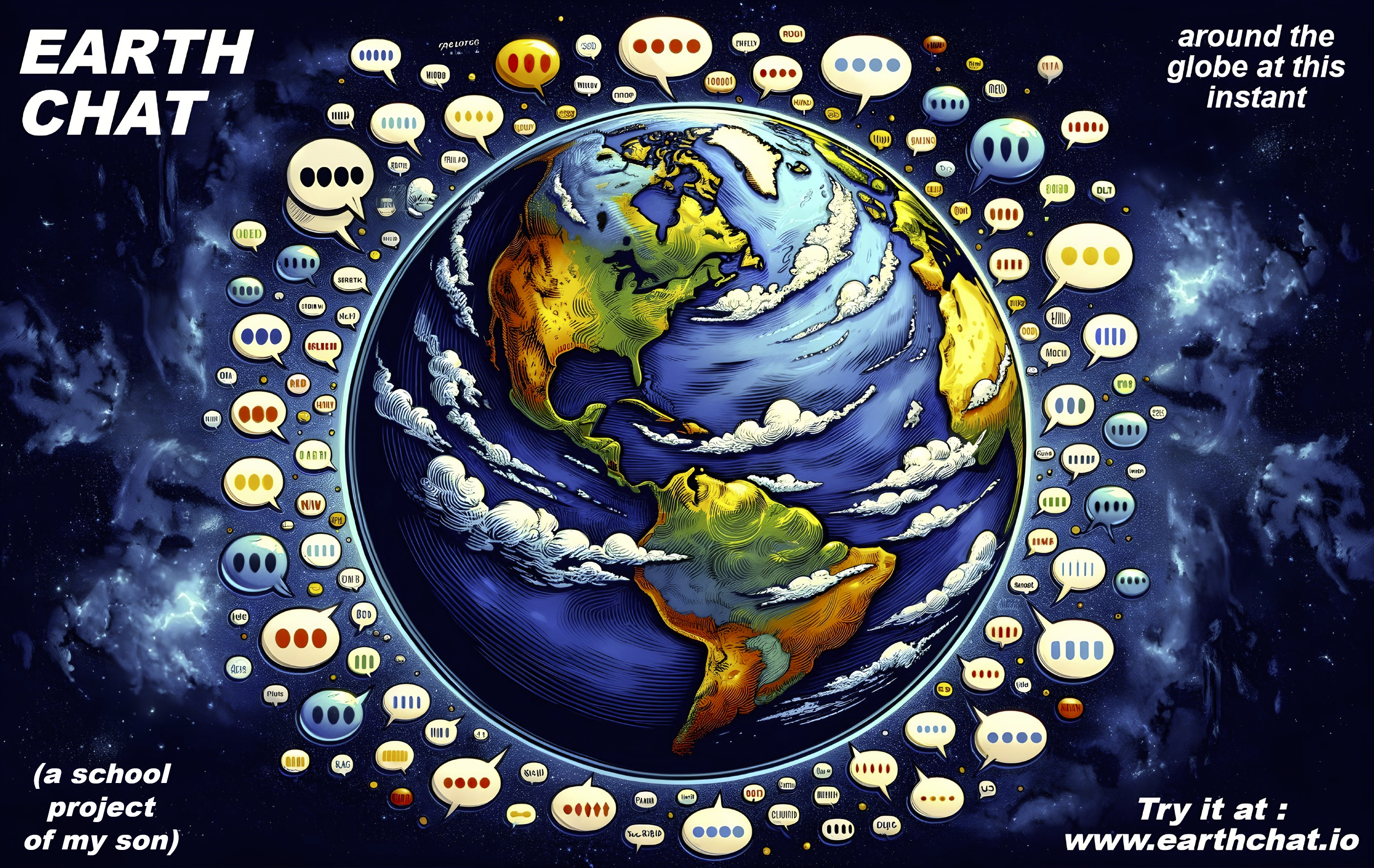 Colorful Earth Illustration with Speech Bubbles and Clouds