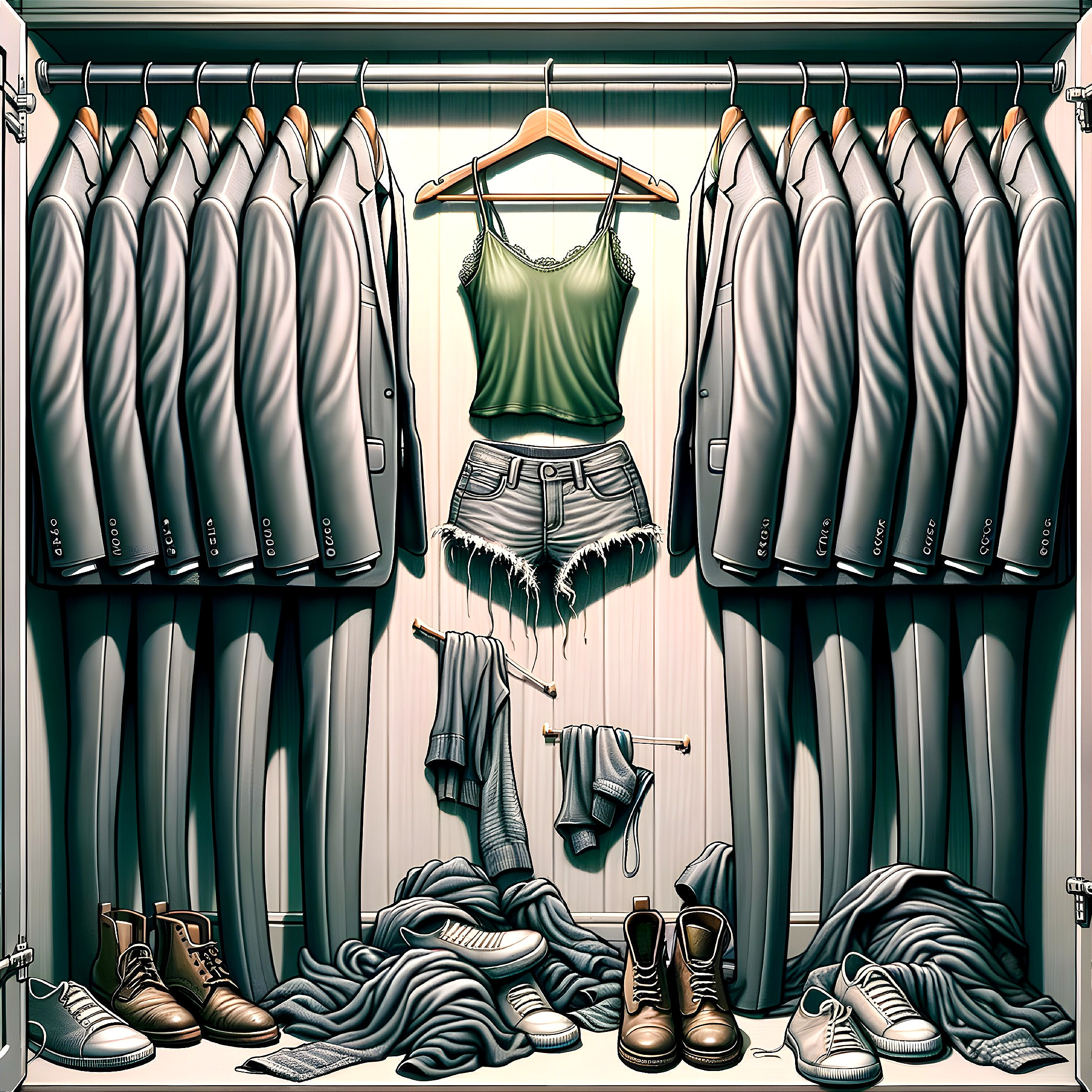 Closet Displaying Suits, Casual Wear, and Footwear