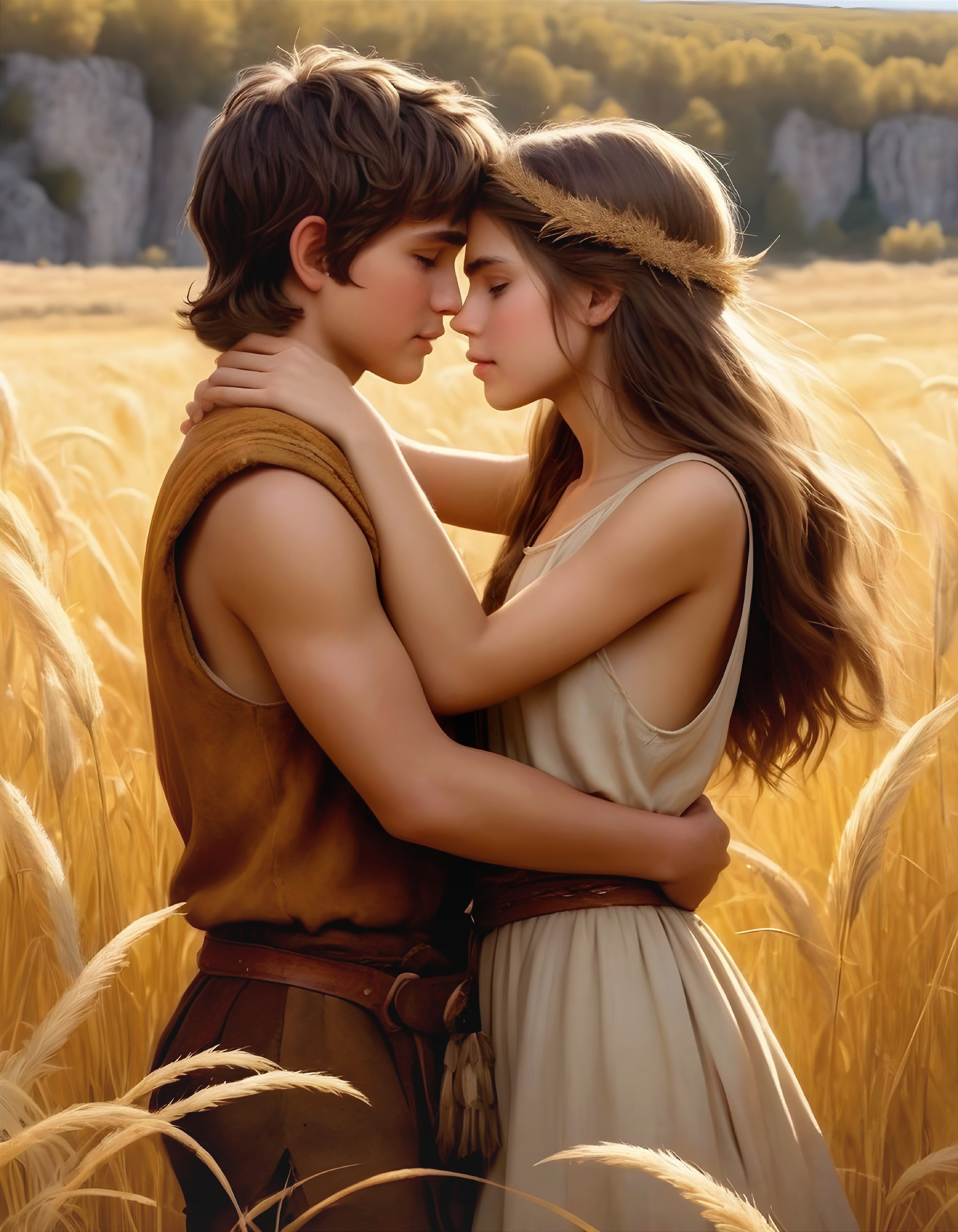 Young Couple Embraced in Golden Wheat Field