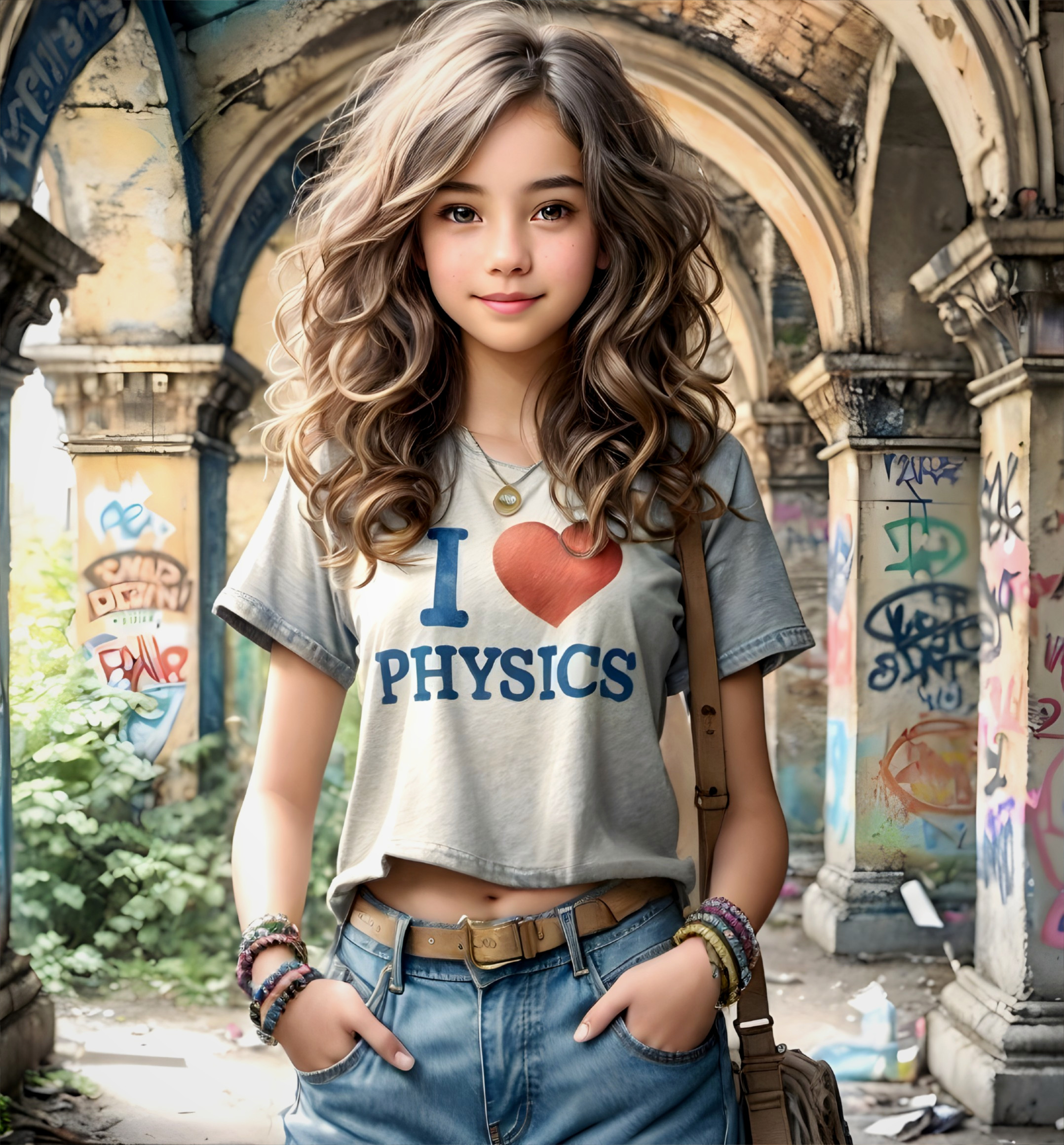 Young Woman in Graffiti Archway with Greenery