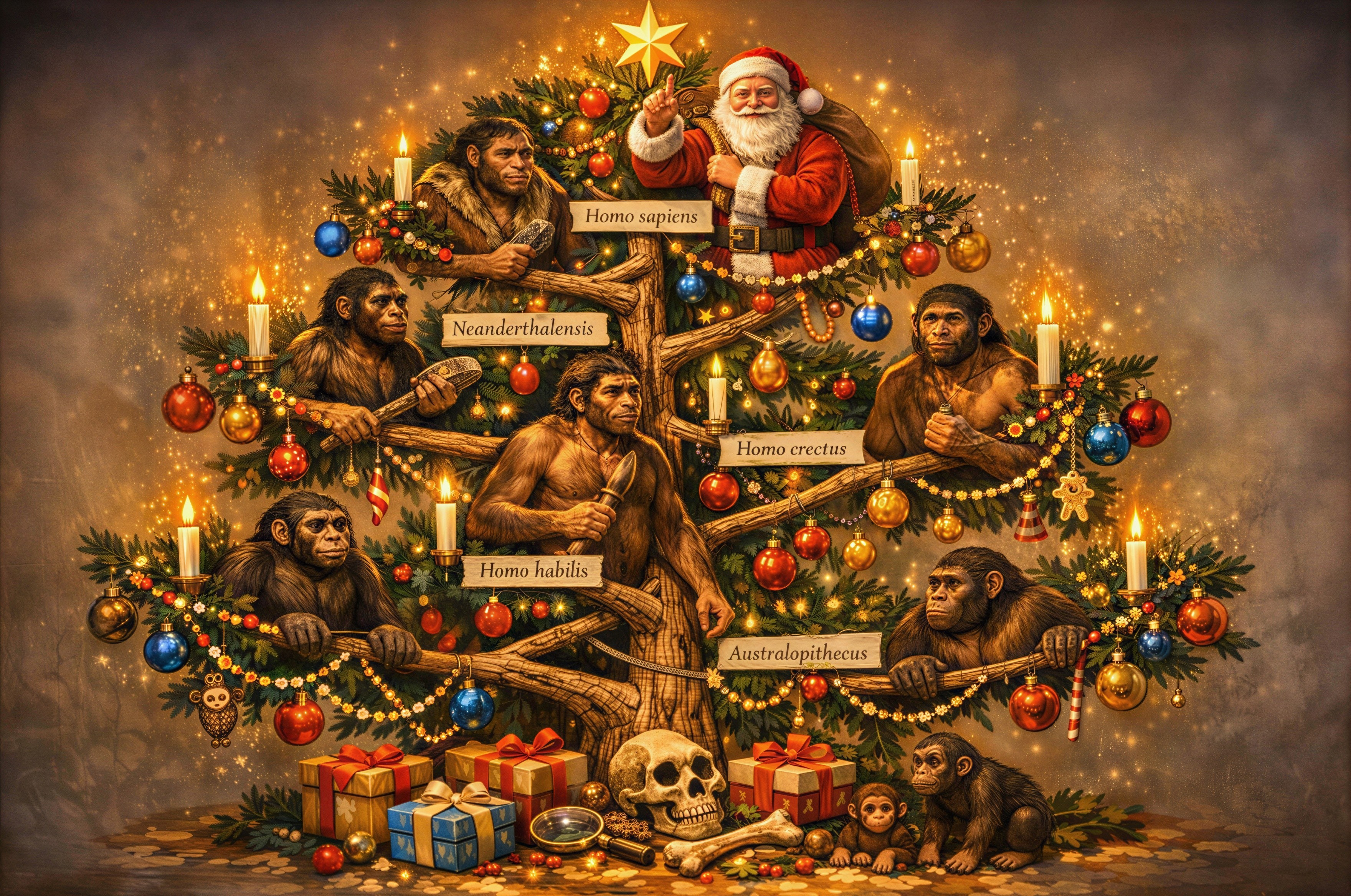 Christmas Tree Depicting Human Evolution with Hominids
