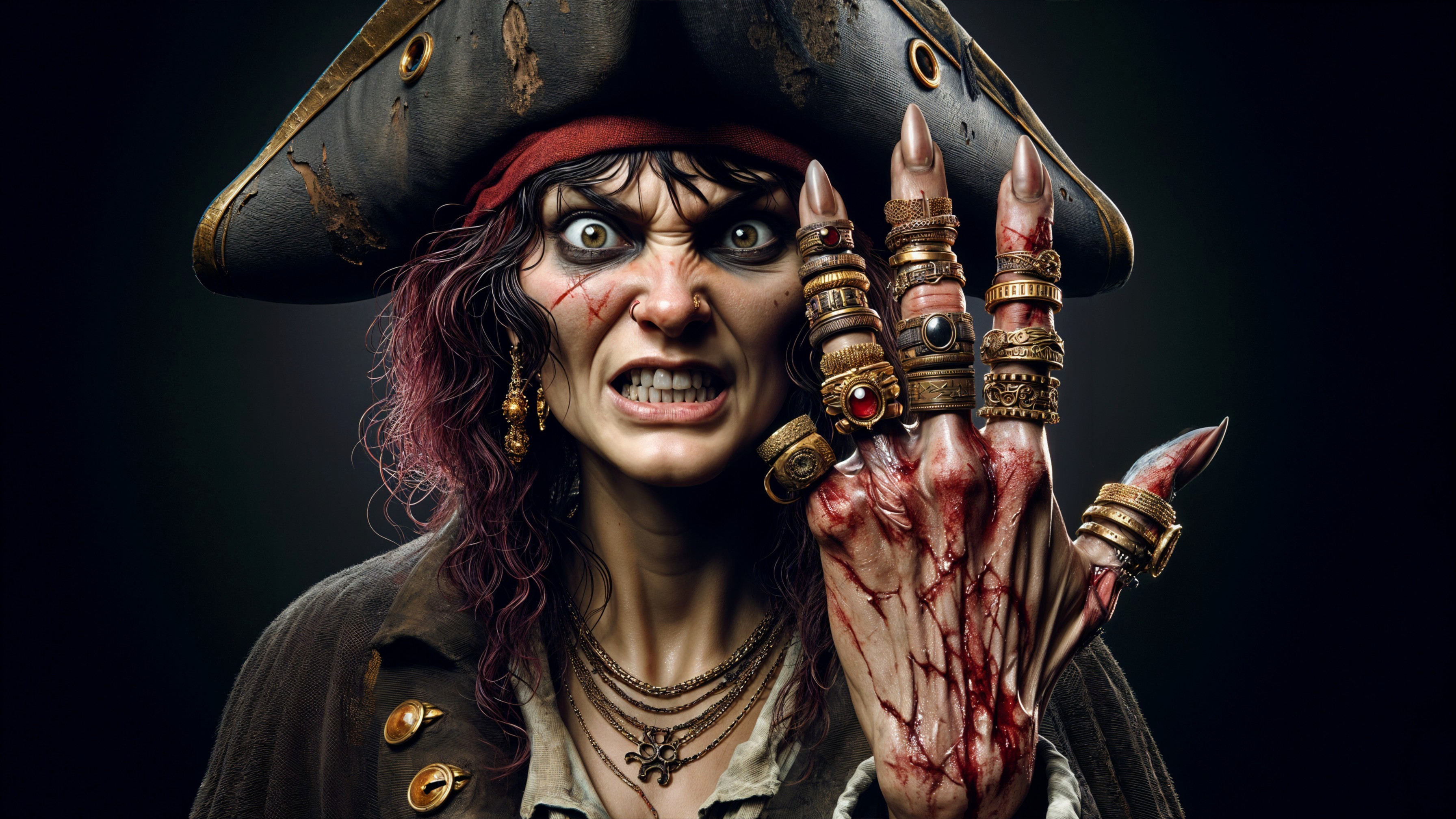 Intense Pirate Woman with Blood-Stained Hand and Hat